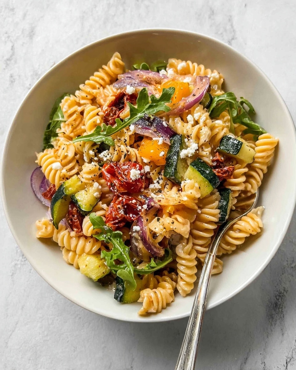 A white bowl filled with a three-layer dish starting with a base layer of twisted light yellow pasta spirals. On top of the pasta are uneven chunks of green zucchini, orange bell pepper, and slices of purple-red onions mixed with some bright red sun-dried tomatoes and dark green leafy arugula. The dish is sprinkled with small white crumbles of cheese and a dusting of black pepper. A silver fork rests inside the bowl on the right side. The bowl is placed on a white marbled surface. photo taken with an iphone --ar 4:5 --v 7