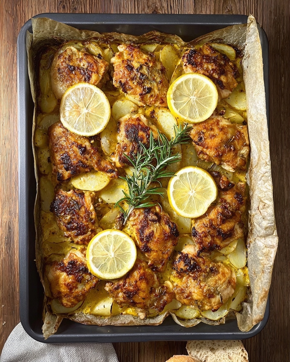 A baking tray lined with parchment paper holds several pieces of roasted chicken with a dark golden-brown, crispy skin that looks slightly charred in some parts; underneath the chicken, there are thick slices of yellow potatoes that are soft and coated with a golden sauce mixed with spices and juices from the chicken. The tray is held up by a man wearing white oven mitts, standing in a kitchen with a white marbled surface in the background. Photo taken with an iphone --ar 4:5 --v 7