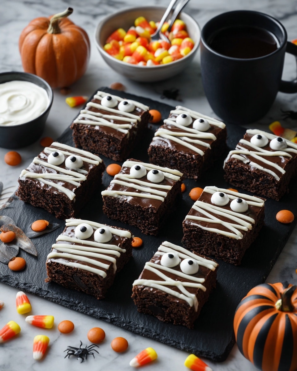 There are eight square brownie pieces arranged on a round black slate tray, each about two layers thick. The bottom layer is a dark, moist brownie, topped with a shiny, smooth chocolate glaze. On top of each brownie are two white candy eyeballs, each with a small black dot in the center, placed near the top edge. White icing is piped across the brownies in straight and wavy lines, resembling mummy bandages, covering parts of the glaze and giving a wrapped look. Small black round candies form a smiling mouth below the eyes on each brownie. Around the slate tray are scattered small round candies in orange and white colors, as well as two small clear glass bowls, one filled with a white creamy substance and the other empty. In the background, there is a white bowl filled with colorful small round candies in orange, yellow, and white, and a black cup filled with a dark liquid. Two pumpkins, one orange and one black with white stripes, are placed to the side on a white marbled texture surface. Photo taken with an iphone --ar 4:5 --v 7