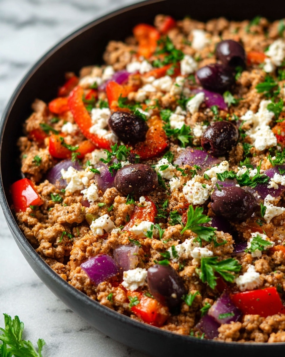 The image shows a close-up of a cooked dish in a black pan, placed on a white marbled surface. The dish has a base layer of light brown cooked ground meat scattered throughout. Mixed in are chunks of bright red bell peppers and pieces of purple-red onion, adding colorful contrast. On top, there are small white crumbles of cheese and several whole dark purple olives. Green parsley leaves are sprinkled evenly over the dish, giving a fresh look, and some black pepper seasoning is visible. Photo taken with an iphone --ar 4:5 --v 7