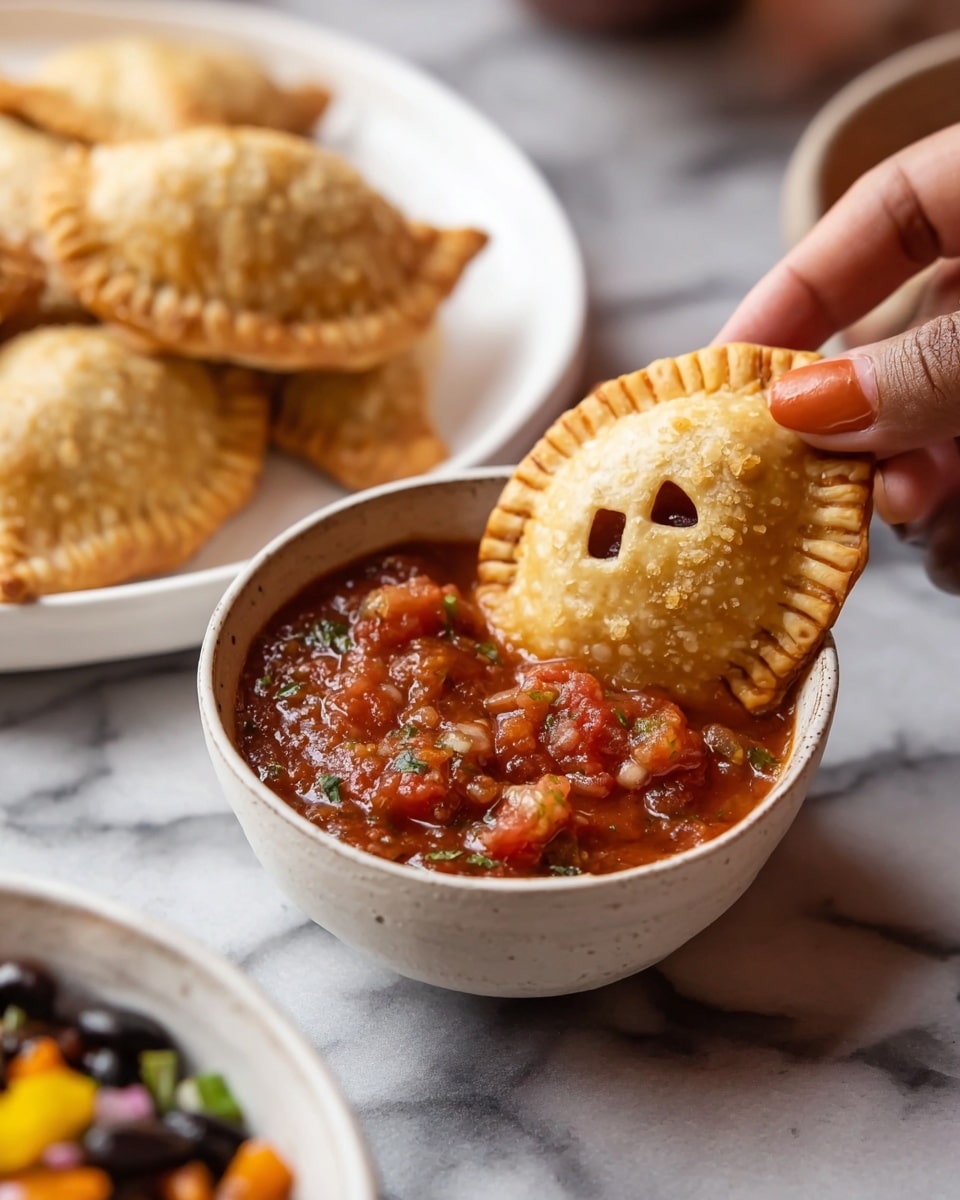 A small white bowl filled with chunky red salsa made of diced tomatoes, onions, and herbs sits on a white marbled surface. A woman’s hand is holding a golden-brown, mini pastry with crimped edges and a small round cutout in the center, dipping it into the salsa. In the background, there is a white plate with more mini pastries showing a flaky texture, and a white bowl with a colorful bean and vegetable salad is partially visible. The scene is casual and inviting, with close-up focus on the dipping action. photo taken with an iphone --ar 4:5 --v 7