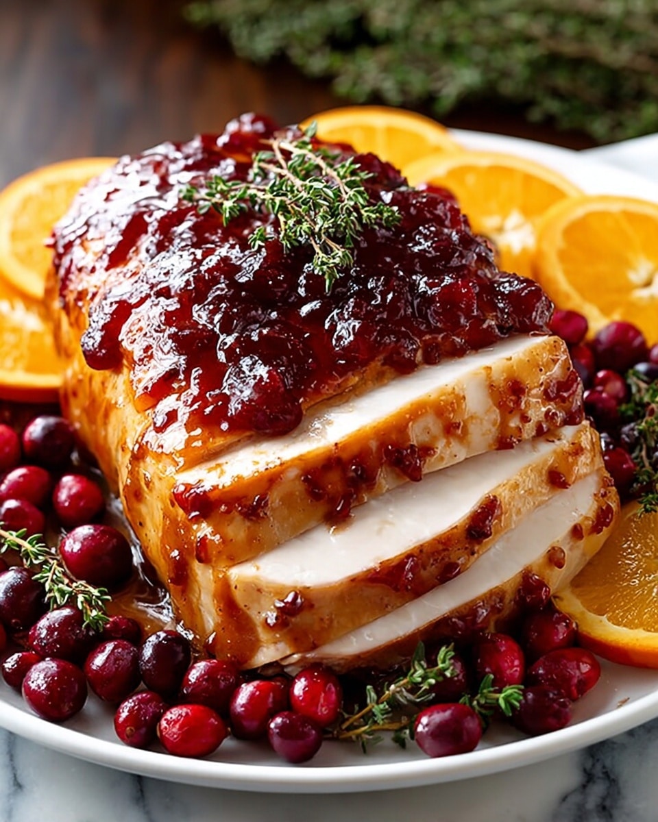 A white plate holds a thick, glazed roast sliced into six layers visible from the side, showing smooth, pale inside meat with a shiny, caramel-brown outside. The top and sides are covered with a glossy red cranberry sauce studded with whole cranberries, and sprigs of fresh green thyme rest on top. Around the roast, there are more cranberries scattered and several bright orange sliced rounds placed at the back, all set against a white marbled background. photo taken with an iphone --ar 4:5 --v 7
