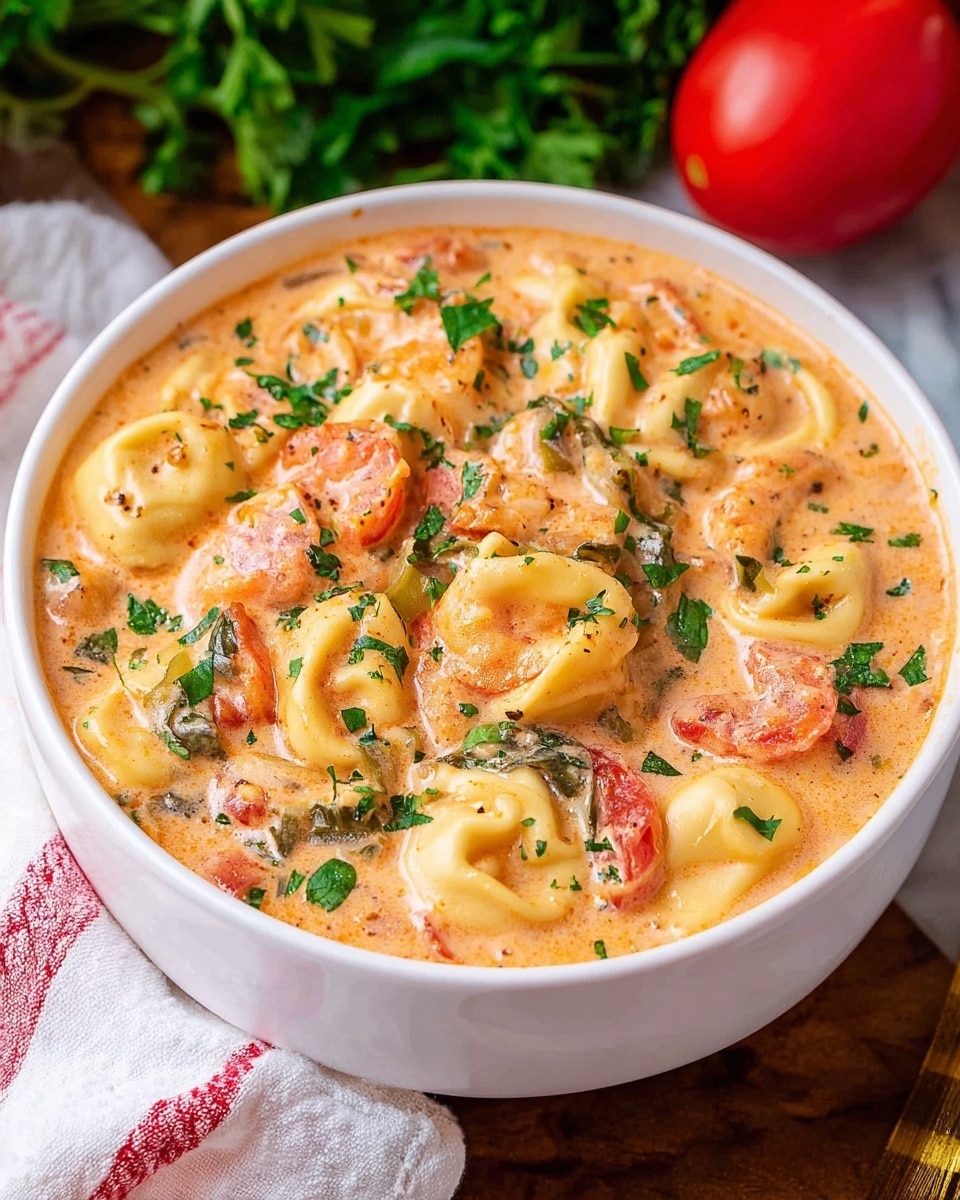 A white bowl filled with creamy tomato pasta soup showing about three layers: a creamy light orange broth with specks of herbs, tortellini pasta pieces floating throughout with a pale yellow color and smooth texture, and wilted spinach leaves scattered inside with dark green and slightly wilted textures; the dish is topped with fresh bright green parsley leaves sprinkled all over. The bowl sits on a wooden surface with a red and white striped cloth nearby and fresh tomatoes and basil leaves around. photo taken with an iphone --ar 4:5 --v 7