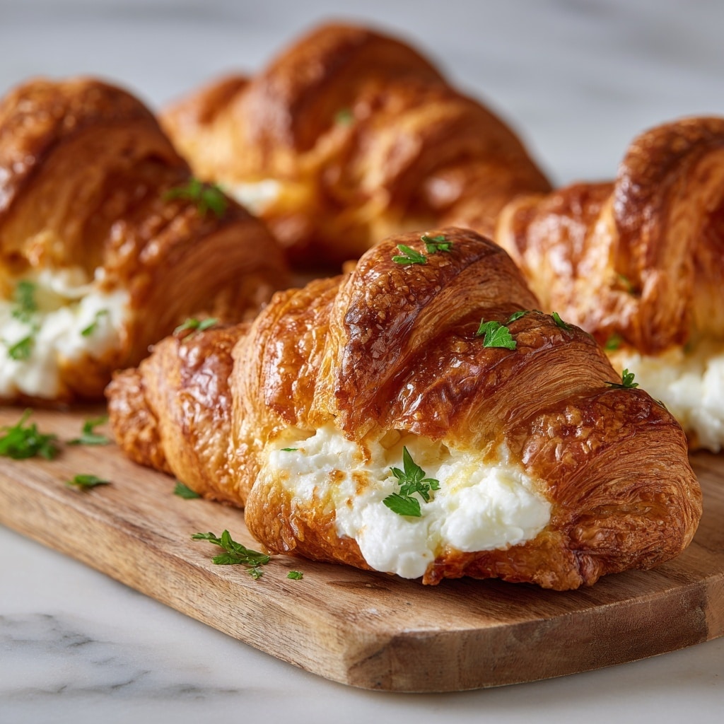 The image shows a close-up of four golden-brown croissants filled with melted cheese. Each croissant has a flaky, layered texture with a shiny, slightly crispy surface and is sprinkled with tiny green parsley leaves. The croissant in the front is cut open, revealing soft, creamy white cheese oozing out from inside the multiple thin layers of pastry. All croissants rest on a wooden board that contrasts with their warm tones. Photo taken with an iphone --ar 4:5 --v 7