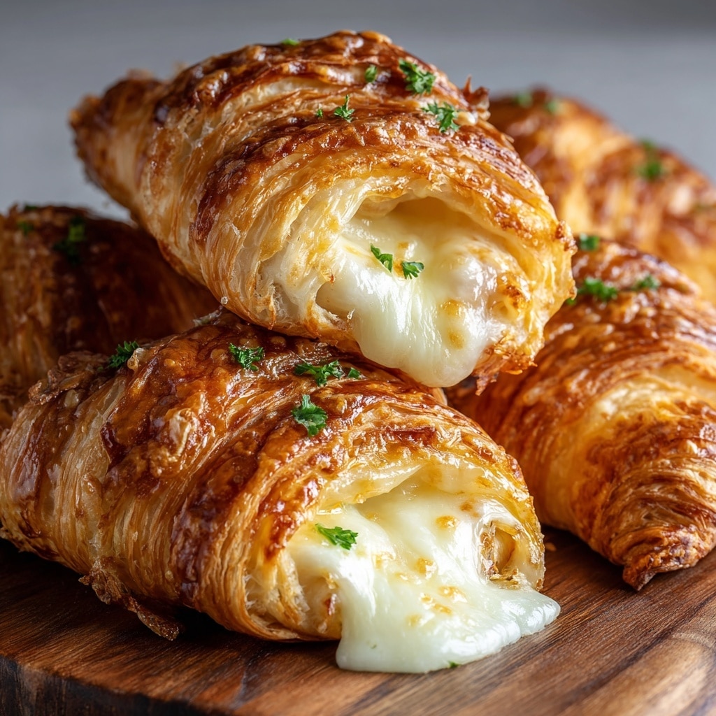 There are several croissants on a wooden board with a white marbled background. Each croissant has a shiny, golden-brown crust with visible layers of flaky pastry. The croissants have a creamy white cheese filling spilling out of one side, which is slightly browned on top with a melted texture. Small green parsley leaves are sprinkled over the croissants and the board, adding a fresh touch of color. The close-up view highlights the soft, warm, and fresh appearance of the croissants. photo taken with an iphone --ar 4:5 --v 7