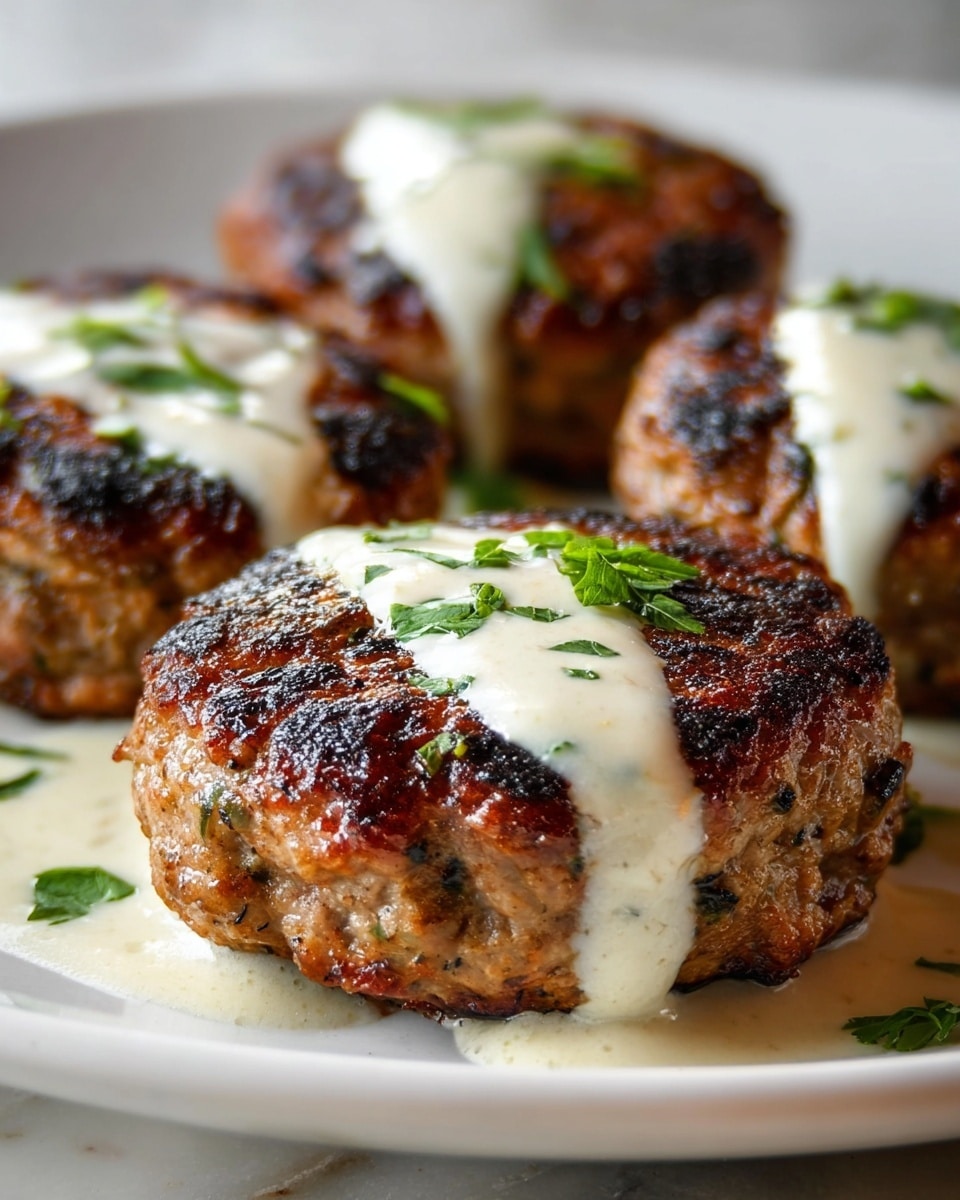 The image shows four thick, round meat patties on a white plate, each patty having a dark brown, crispy outside with visible grill marks and a slightly rough texture. Each patty is topped with a smooth, creamy white sauce that drips down the sides, garnished with small pieces of fresh green herbs. The patties are closely placed, with the front one in clear focus, highlighting its juicy and textured surface. The background is softly blurred with a white marbled texture underneath the plate. photo taken with an iphone --ar 4:5 --v 7