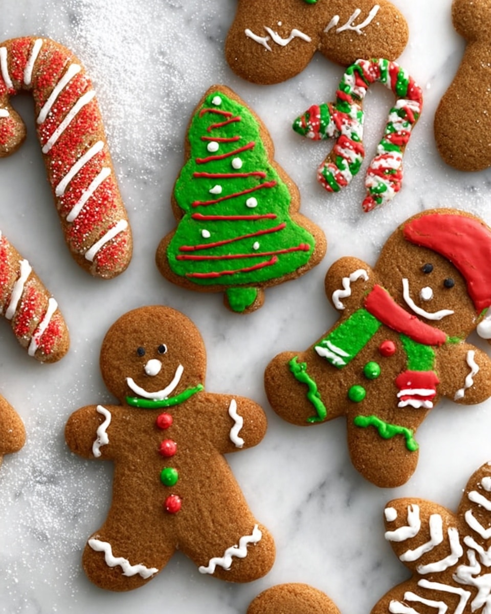 A close-up view shows light brown dough rolled out flat on a white marbled surface. There are several gingerbread man shapes and Christmas tree shapes cut into the dough, with clear outlines visible. A woman's hand is holding a gingerbread man-shaped cutter, pressing it into the dough on the right side of the image. The texture of the dough looks smooth and slightly glossy with a light dusting of flour. photo taken with an iphone --ar 4:5 --v 7