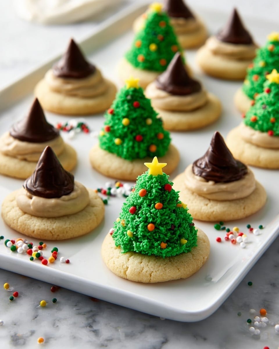 A white plate filled with round, golden-brown peanut butter cookies, each topped in the center with a single smooth, shiny, milk chocolate drop that is slightly rounded and glossy. The cookies have a slightly cracked texture on their surface, giving a homemade and soft look. The cookies are overlapping each other casually, showing their thickness and the contrast between the crumbly cookie base and the smooth chocolate drops on top. The plate sits on a white marbled texture surface. photo taken with an iphone --ar 4:5 --v 7