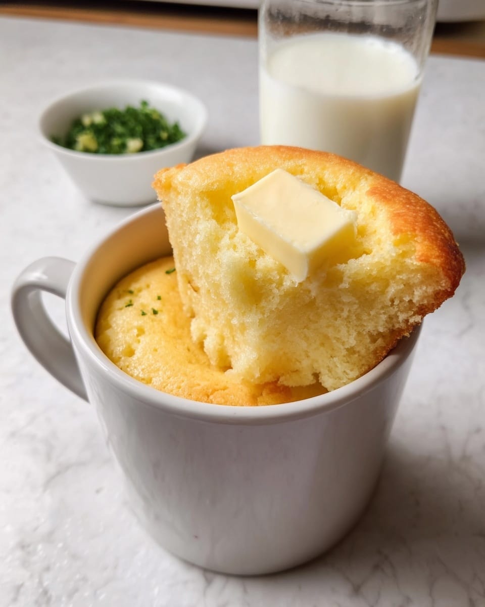 A white mug holds a soft, fluffy yellow cake that fills the top, with a golden-brown crust on the edges. A square of light yellow butter is melting on the cake's surface, which is rough and crumbly. The cake’s top, lifted and resting on the mug edge, shows airy texture inside with pale yellow softness and crisp golden crust. In the background, a glass of white milk stands next to a small white bowl with green chopped herbs, all placed on a white marbled surface. Photo taken with an iphone --ar 4:5 --v 7