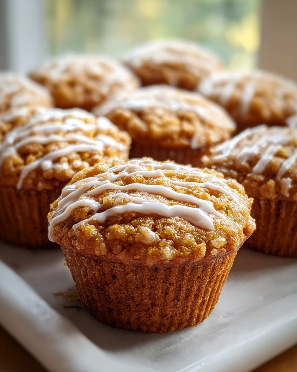 The image shows two pumpkin muffins stacked on top of each other on a white plate with a white marbled background. The bottom muffin is whole, with a moist, shiny, dark golden-brown texture and drizzled white icing starting from the top and dripping down the sides, pooling slightly on the plate. The top muffin is placed horizontally, showing its inside crumb which is soft, fluffy, and vibrant orange with small darker spots, also topped with some white icing that is slightly melted. More muffins are blurred in the background. photo taken with an iphone --ar 4:5 --v 7