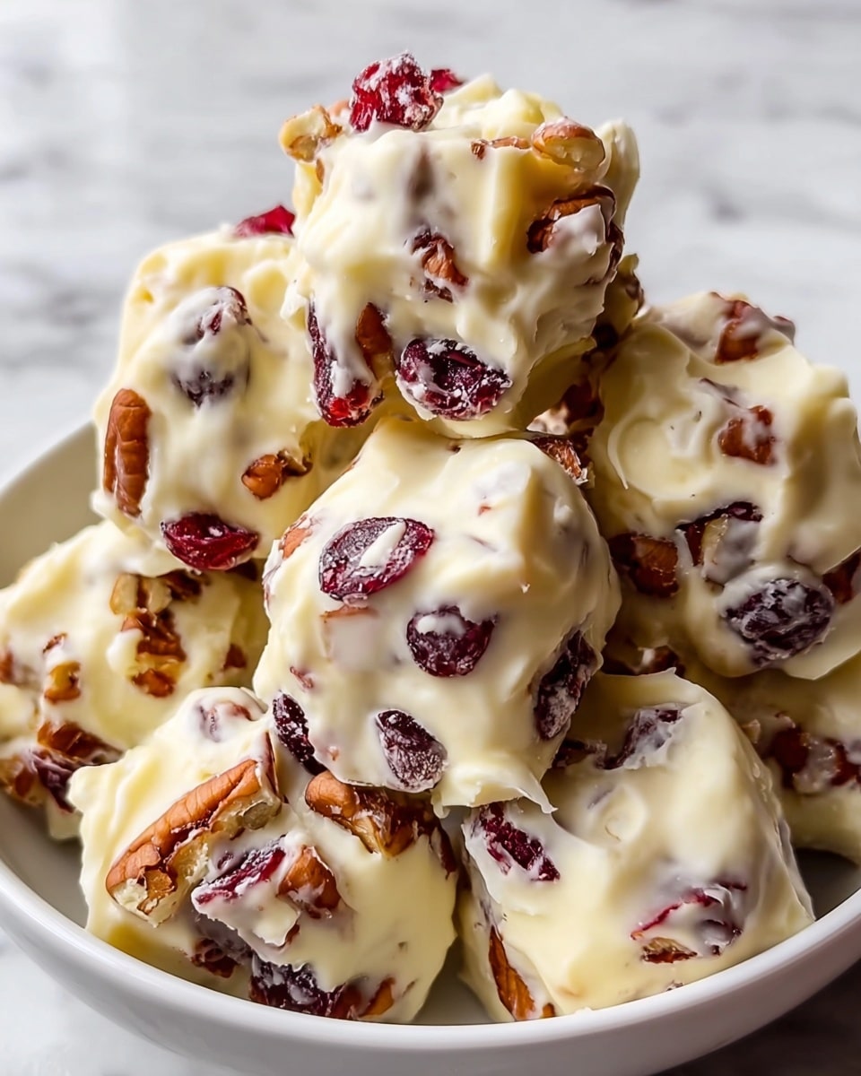 The image shows several chunky white chocolate clusters piled together in a white bowl, placed on a white marbled surface. Each cluster has a thick, creamy white chocolate coating with a smooth, slightly shiny texture. Within the clusters, there are visible layers of dark red dried cranberries and brown pecan nuts, creating a rough and uneven surface with some nuts and fruit sticking out. The cranberries add bright red spots, while the pecans bring a rich brown color contrast against the pale white chocolate, making the overall look textured and inviting. photo taken with an iphone --ar 4:5 --v 7