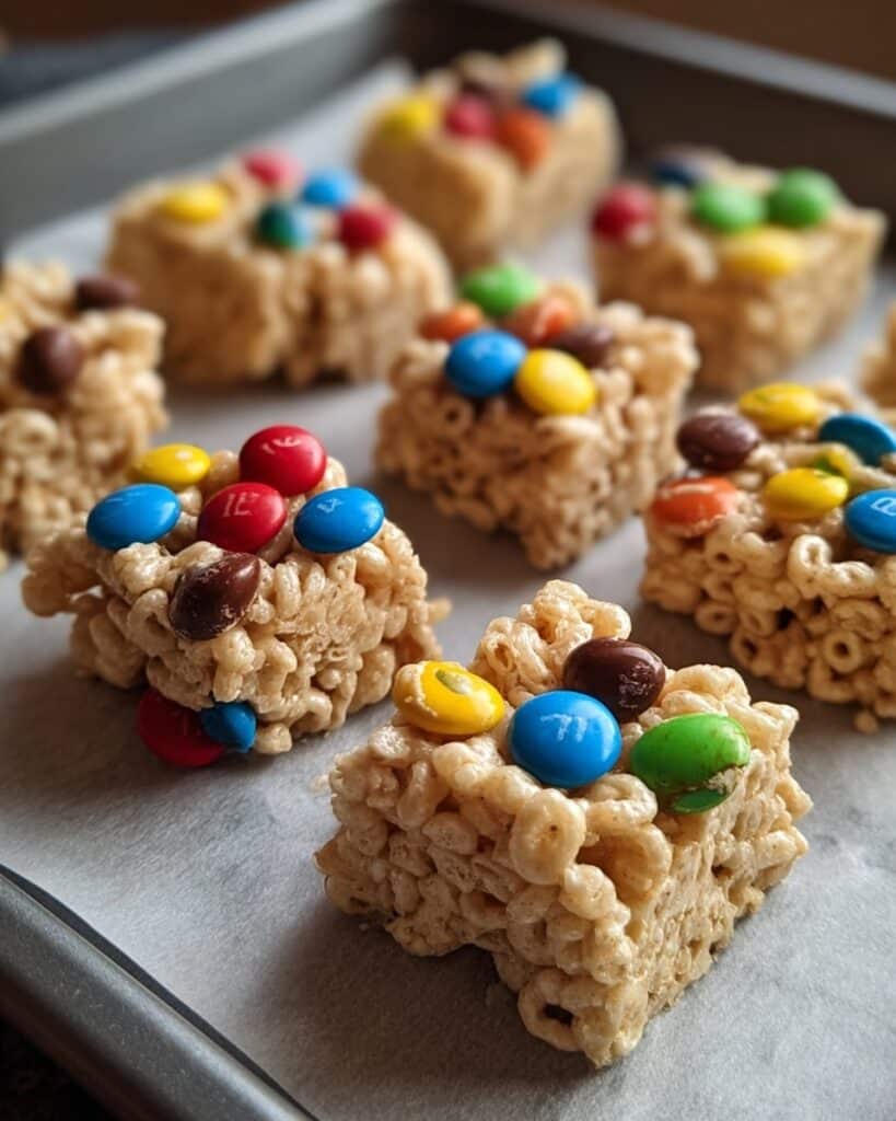 Peanut Butter Rice Krispie Treats with M&M’s and Chocolate Chips Recipe