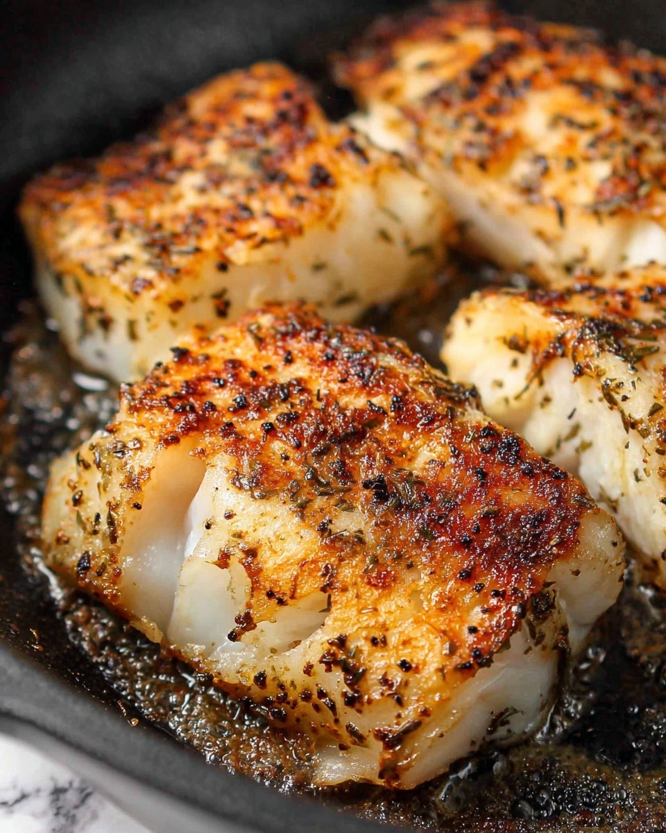 A close-up image shows a single piece of fish cooked with a golden-brown crust on top. The fish has a slightly crispy surface with visible charred bits and small black pepper and spice specks scattered throughout. The sides of the fish are lighter in color, showing a moist and flaky texture. The fish rests on a plain white plate with a smooth finish, which sits on a white marbled textured surface. photo taken with an iphone --ar 4:5 --v 7
