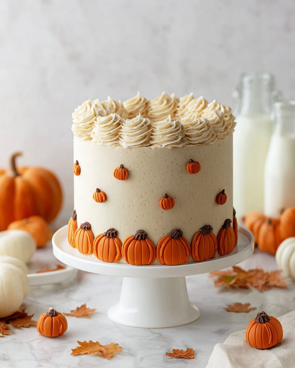 A tall, round cake with smooth light beige frosting covers three visible layers, standing on a white cake stand. Around the sides of the cake, there are multiple small orange pumpkin shapes made of piped frosting with brown stems, each pumpkin featuring ridged lines. The top edge of the cake is decorated with large swirls of the same beige frosting in a circular pattern, with alternating dollops of small orange pumpkins topped by tiny brown points. The cake sits on a white marbled surface with small pumpkins and scattered autumn leaves around it, and there are bottles of milk blurred in the background. photo taken with an iphone --ar 4:5 --v 7