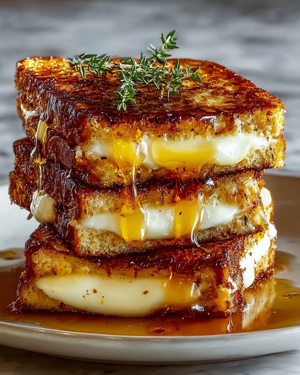 A stack of four grilled cheese sandwiches with golden brown, crispy, and slightly charred crusts, each sandwich filled with melted white cheese that oozes slightly at the edges. The sandwiches are layered neatly on top of each other on a white plate, with rich amber syrup slowly dripping down the sides, pooling gently at the base. On top of the stack, a small sprig of fresh thyme adds a touch of green contrast to the warm colors. The background is a white marbled texture that enhances the rich colors of the food. photo taken with an iphone --ar 4:5 --v 7