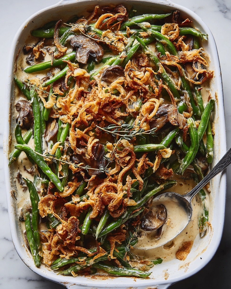 This image shows a white baking dish filled with three layers of food. The bottom layer is a light creamy sauce with a smooth texture. The middle layer consists of fresh green beans and brown mushroom slices scattered evenly. The top layer is a golden-brown crispy fried onion topping, covering most of the vegetables. Some sprigs of fresh thyme are placed on top as garnish. A metal spoon rests on the right side inside the dish. The dish is set on a white marbled surface. Photo taken with an iphone --ar 4:5 --v 7