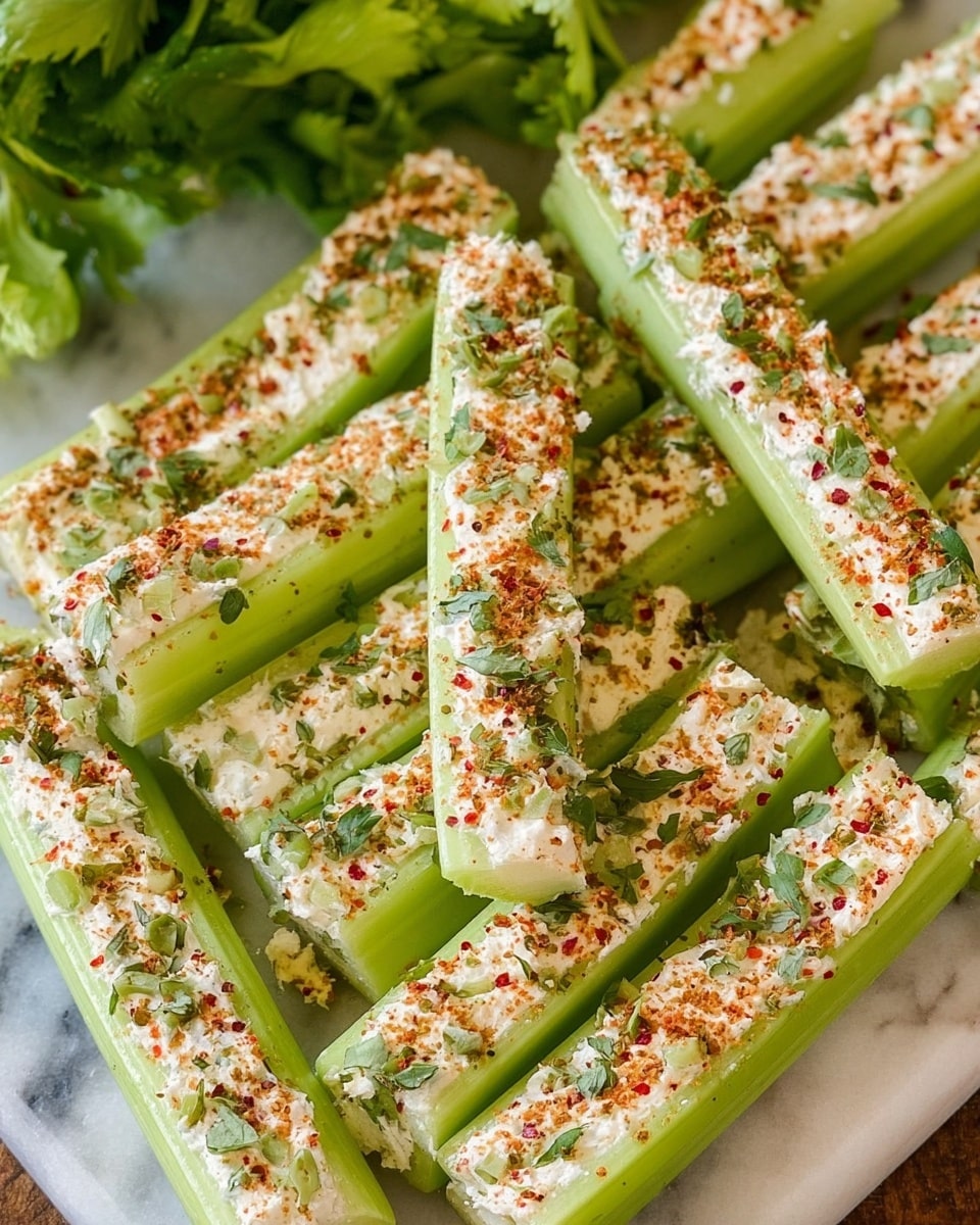 The image shows many celery sticks filled with a creamy white mixture, topped with small green herb flecks and sprinkled with red seasoning, arranged closely together. The celery sticks are a fresh light green color and cut evenly lengthwise. The creamy filling looks smooth with some texture from the herbs and seasoning, slightly raised above the edges of the celery. The background is a white marbled surface with a small bunch of green celery leaves in the upper corner. photo taken with an iphone --ar 4:5 --v 7