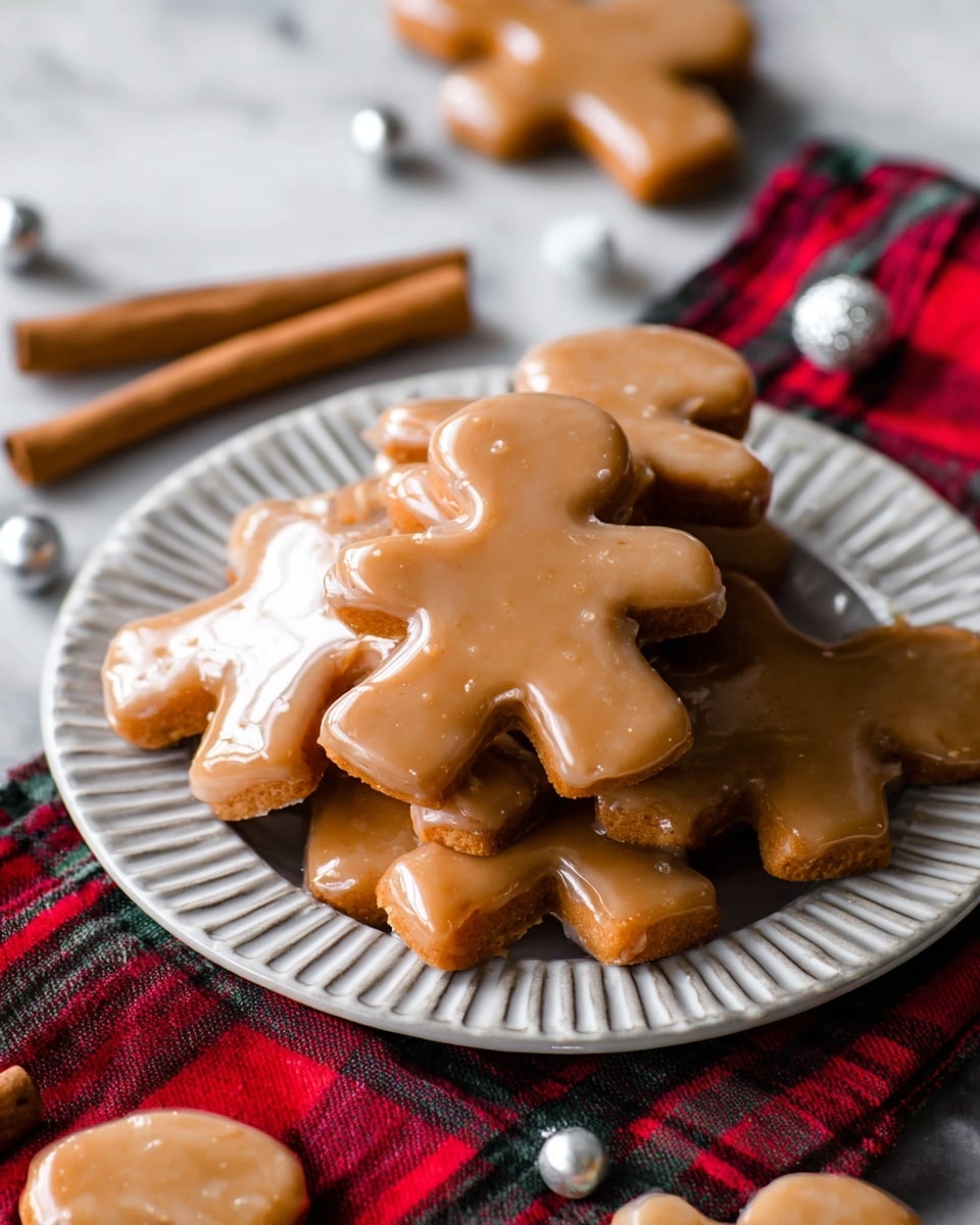 A pile of shiny glazed gingerbread cookies shaped like little people sits on a white plate with ridged edges, stacked about two layers high showing smooth light brown icing that gives a soft shine. The cookies have a smooth texture with slight gloss and are placed casually on a white marbled surface with scattered small white and silver balls. A folded red and green plaid cloth lies under the plate, adding a warm color contrast, with cinnamon sticks placed nearby. Photo taken with an iphone --ar 4:5 --v 7