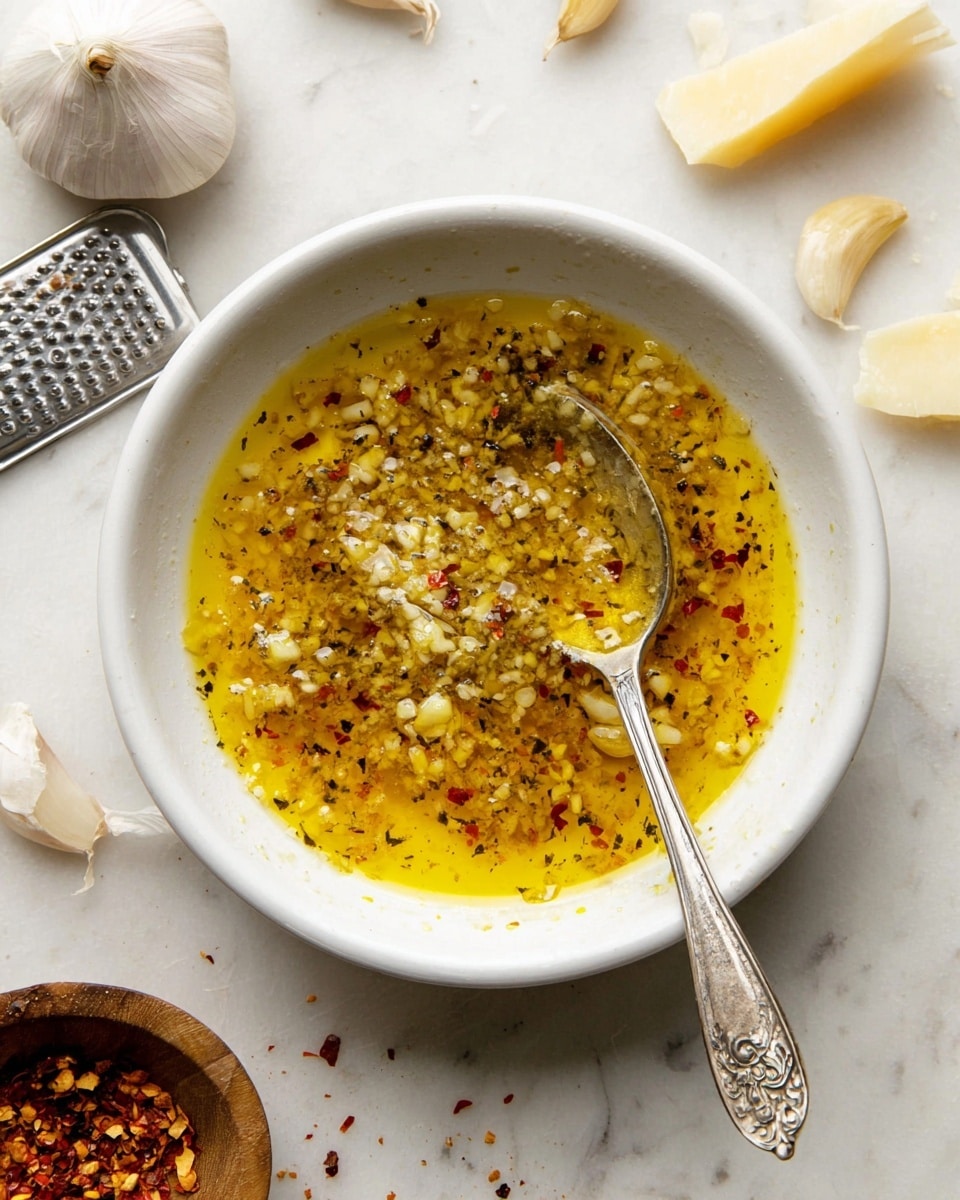 A white bowl filled with a yellow-green mixture of olive oil layered with finely chopped herbs like parsley and bits of red chili flakes floating on top, giving a speckled look; a golden toasted bread cube with a small sprig of rosemary is partially dipped into the oil at the center, surrounded by more soft white bread cubes around the bowl, all placed on a white marbled surface. photo taken with an iphone --ar 4:5 --v 7