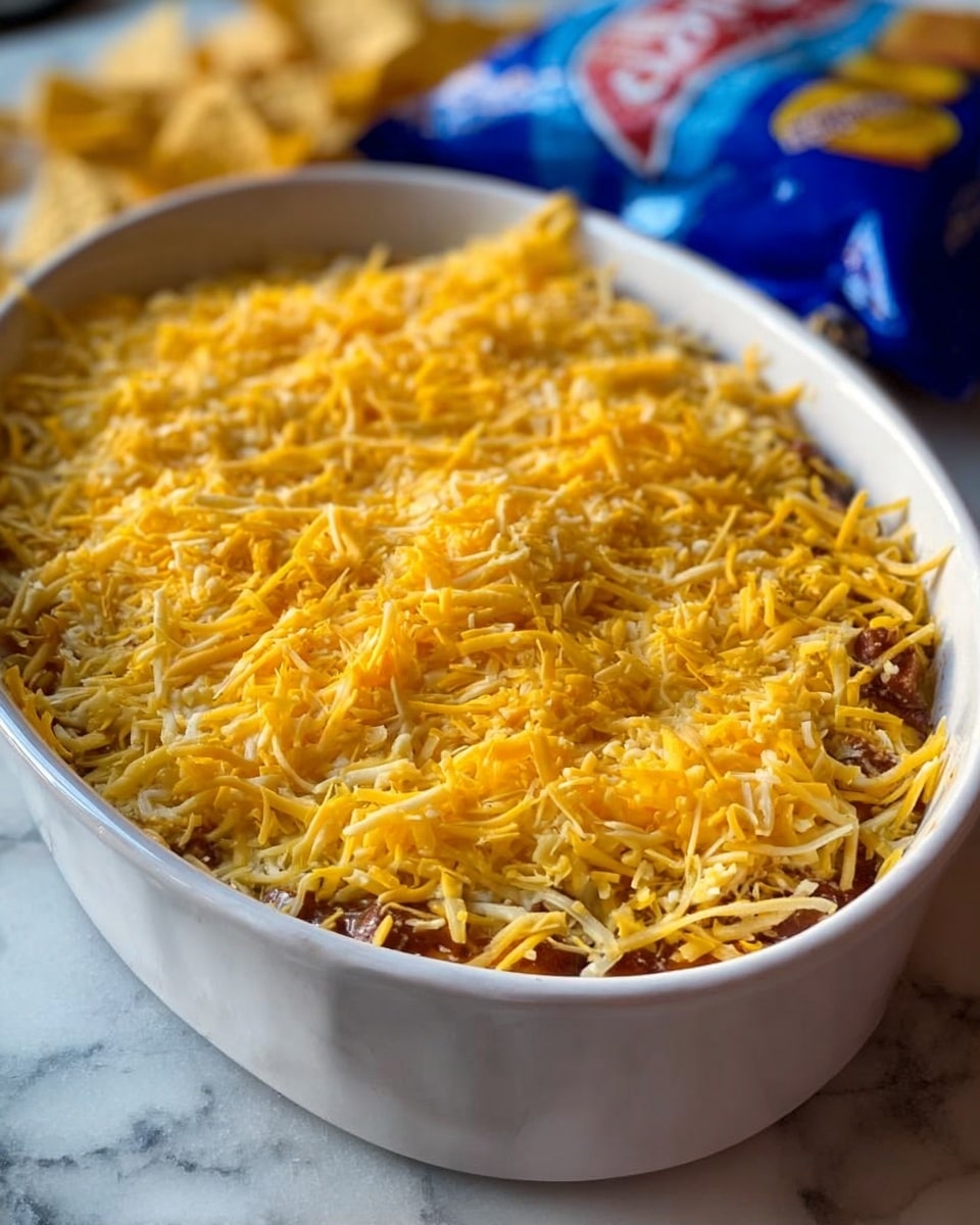 A white bowl filled with a cheesy dip that has two main layers: the bottom layer is a red sauce with a slightly oily texture, and the top layer is a thick, melted yellow cheese mixed with ground beef and small green herb bits scattered on the surface. A woman's hand with dark red nail polish holds a white tortilla chip dipped into the cheese and meat mixture, showing the gooey texture of the cheese and the savory ground beef on it. The background is a white marbled texture. photo taken with an iphone --ar 4:5 --v 7