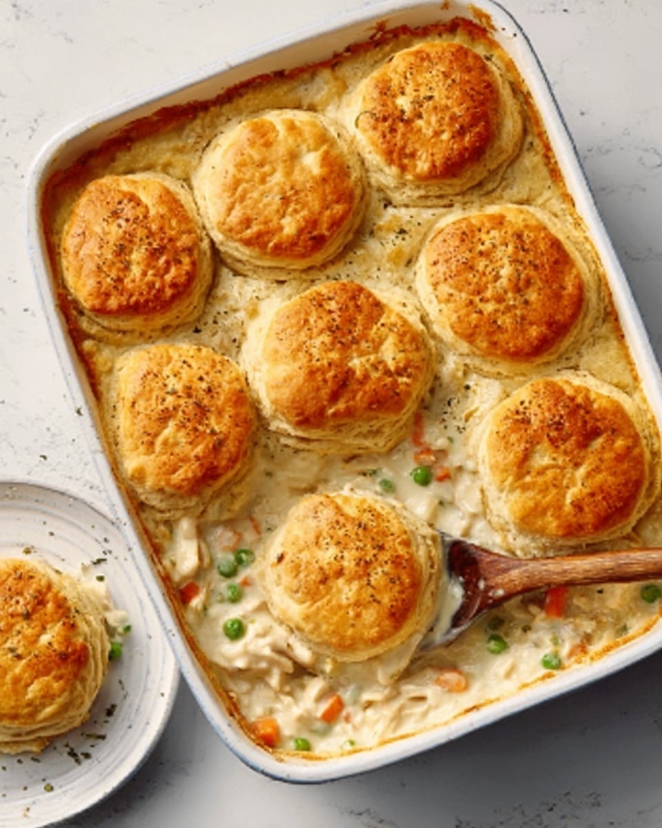 The image shows a white rectangular baking dish with seven golden-brown biscuit tops evenly spaced on a creamy chicken and vegetable filling. The filling is a light beige color with visible small chunks of chicken and bits of orange carrots and green peas mixed in. A wooden spoon rests inside the dish, slightly lifting one of the biscuits to reveal the creamy, thick texture of the filling beneath. A white plate with one biscuit on it is partially visible in the bottom left corner. The background is a white marbled texture. photo taken with an iphone --ar 4:5 --v 7