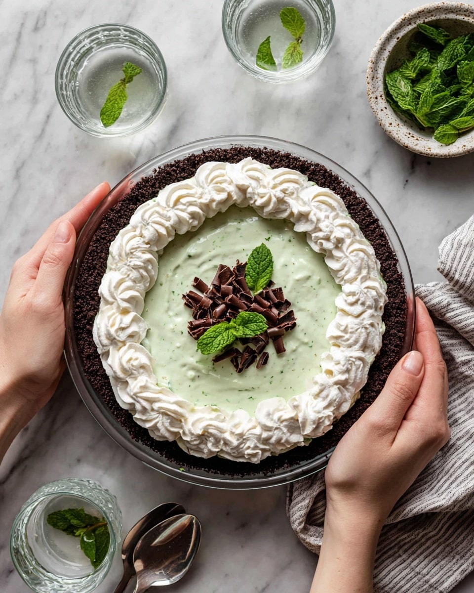 A round pie with three visible layers is held by two woman's hands. The bottom layer is a dark, crumbly chocolate crust, thick and evenly pressed into a clear glass pie dish. Above the crust is a thick, pale green mint cream filling that is smooth with small dark specks mixed in. The top layer is a generous ring of white whipped cream, piped in a wavy pattern around the pie's edge. Inside the whipped cream ring, the center is decorated with several dark chocolate curls and a small sprig of fresh green mint leaves. The pie is placed on a white marbled surface, with two clear glasses of water and a small bowl of mint leaves nearby. Photo taken with an iphone --ar 4:5 --v 7