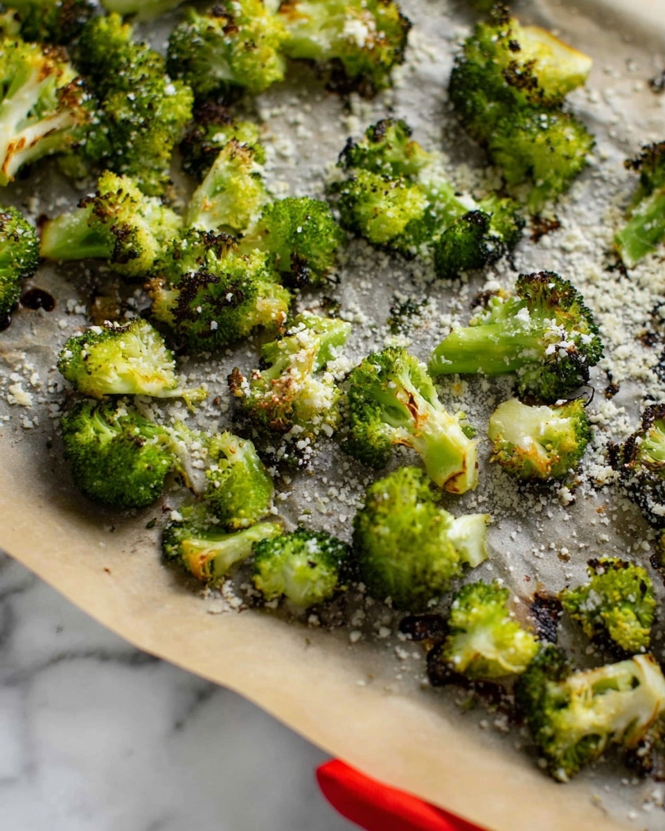 The image shows small roasted broccoli florets scattered over a layer of light brown parchment paper on a white marbled surface. The broccoli pieces vary in size, with a bright green color and slightly charred edges that give a crispy texture. A fine, crumbly sprinkle of white cheese or seasoning is spread evenly over the broccoli and parchment paper. The parchment paper has small oil and charred spots from roasting. A small part of a red silicone glove is visible at the edge of the frame, and a white marbled texture serves as the background space. photo taken with an iphone --ar 4:5 --v 7