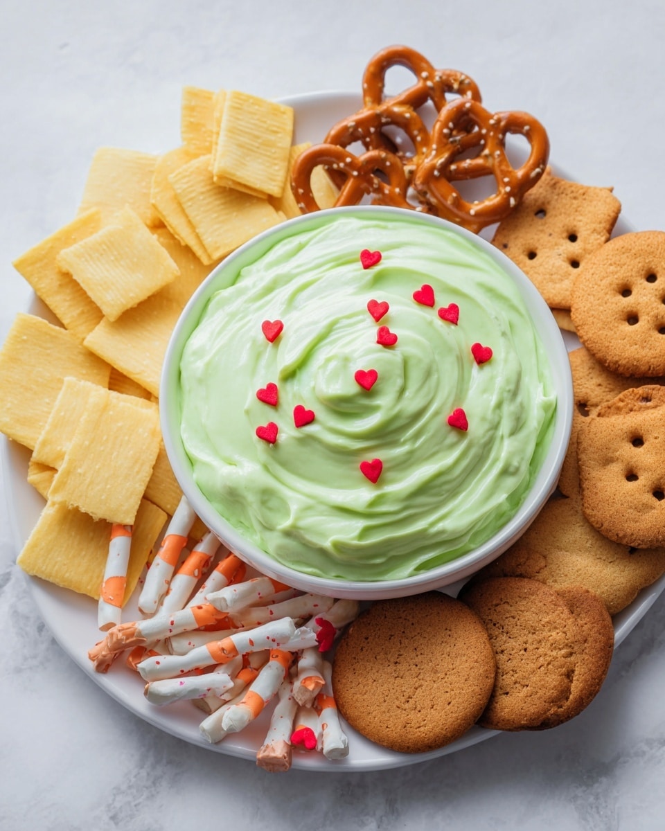A white plate on a white marbled texture surface holds a bowl of light green whipped dip with a smooth, swirled texture, decorated with small red heart-shaped sprinkles on top. Around the bowl, there are five different snacks arranged in a circle: light yellow square crackers, cylindrical white wafer sticks with orange stripes, light brown thin pretzel sticks, small round pretzels, and two types of round cookies, one golden brown and the other darker brown. All the snacks create a colorful contrast with the pale green dip in the center. photo taken with an iphone --ar 4:5 --v 7