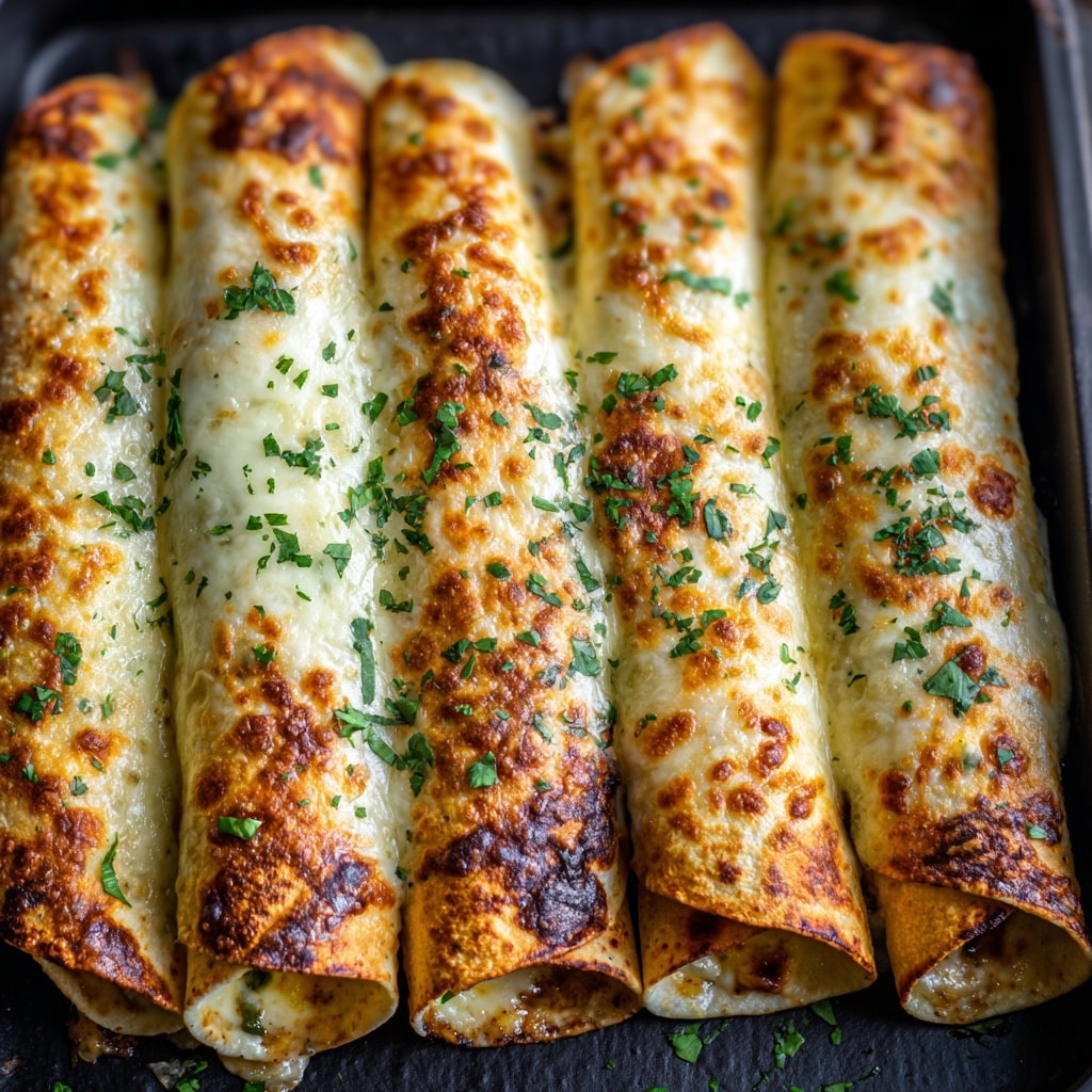 A close-up of five rolled tortillas placed side by side on a black tray, each filled with a creamy, light brown filling visible at the open ends. The tortillas are golden brown and slightly crispy, topped with melted white cheese that has browned spots and is sprinkled with chopped green herbs. The texture on the tortillas is slightly bubbly and toasted, giving a rich, savory look. Small bits of herbs are also scattered around the tray edges. Photo taken with an iphone --ar 4:5 --v 7