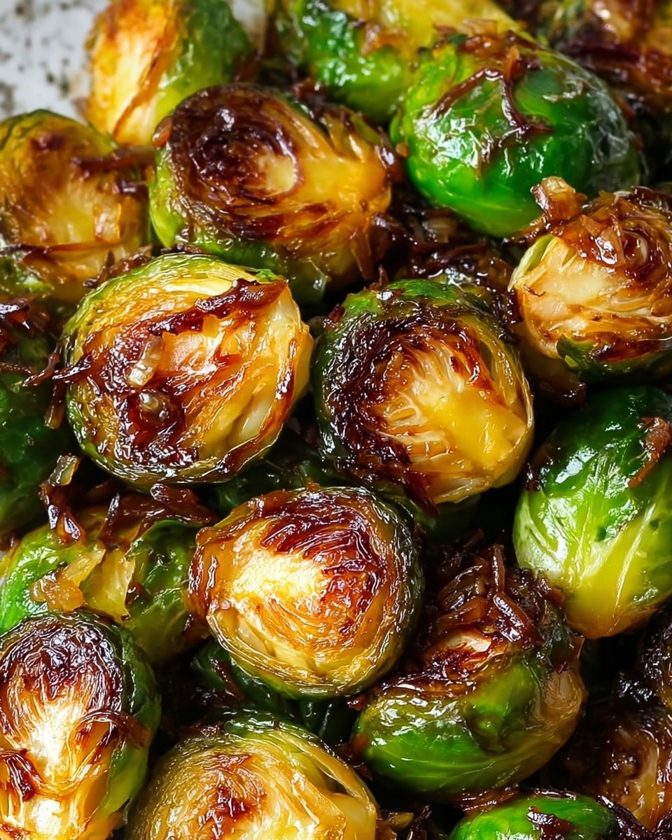 The image shows many roasted Brussels sprouts cut in half, with a golden-brown caramelized surface and green shiny outer leaves. Each sprout half has crispy dark brown edges, some slight charring, and bits of cooked onions or garlic scattered on top, coated in a glossy sauce that looks slightly sticky. The sprouts are tightly packed together, showing layers of bright green, light yellow, and deep brown textures. The background features a white marbled texture. photo taken with an iphone --ar 4:5 --v 7