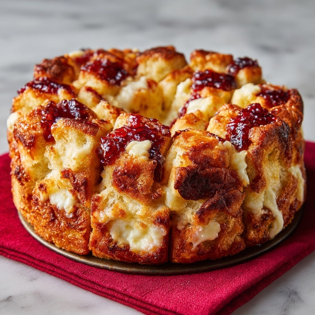 A bundt pan filled with a pull-apart bread, showing about two layers of soft dough pieces baked together; the dough is golden brown with uneven toasted spots and is topped with uneven patches of a glossy, deep red jam or fruit spread. The dough pieces have a slightly rough texture with some melted butter pooling at the bottom edges, and the jam is spread in small clusters over the bread, creating a marbled effect with the warm golden crust. The bundt pan is gold-colored and placed on a red cloth, all set upon a white marbled texture surface. photo taken with an iphone --ar 4:5 --v 7