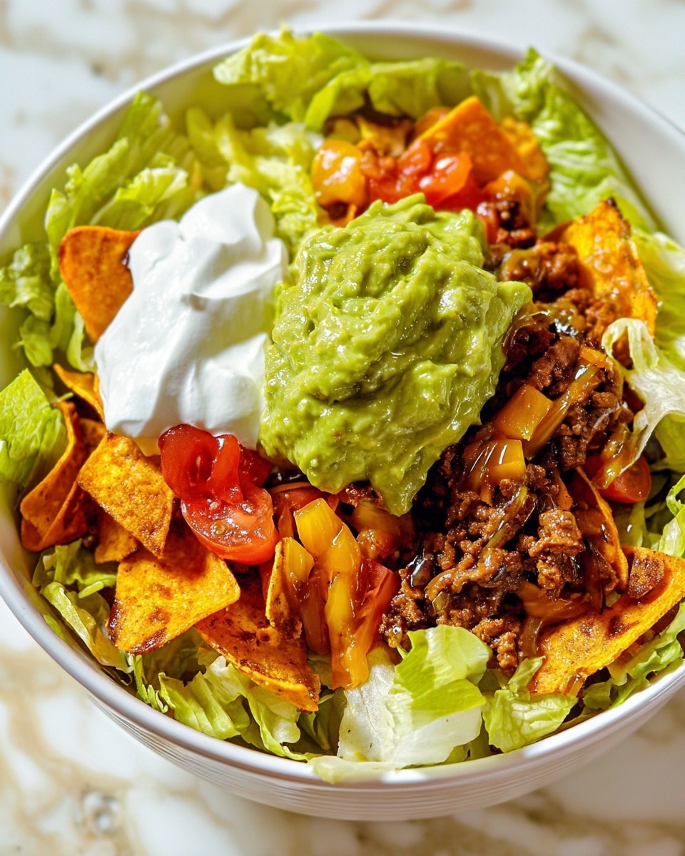 A close-up of a dish in a round white bowl with a red rim, showing mixed layers of light green lettuce leaves that look fresh and slightly glossy, small pieces of cooked ground meat with a dark brown color, small bright orange cube-shaped vegetables scattered throughout, and some crunchy, irregularly shaped orange tortilla chips layered on top and within the salad. The ingredients are coated lightly with a reddish dressing, giving a shiny and moist texture. The image is shot on a white marbled background. photo taken with an iphone --ar 4:5 --v 7