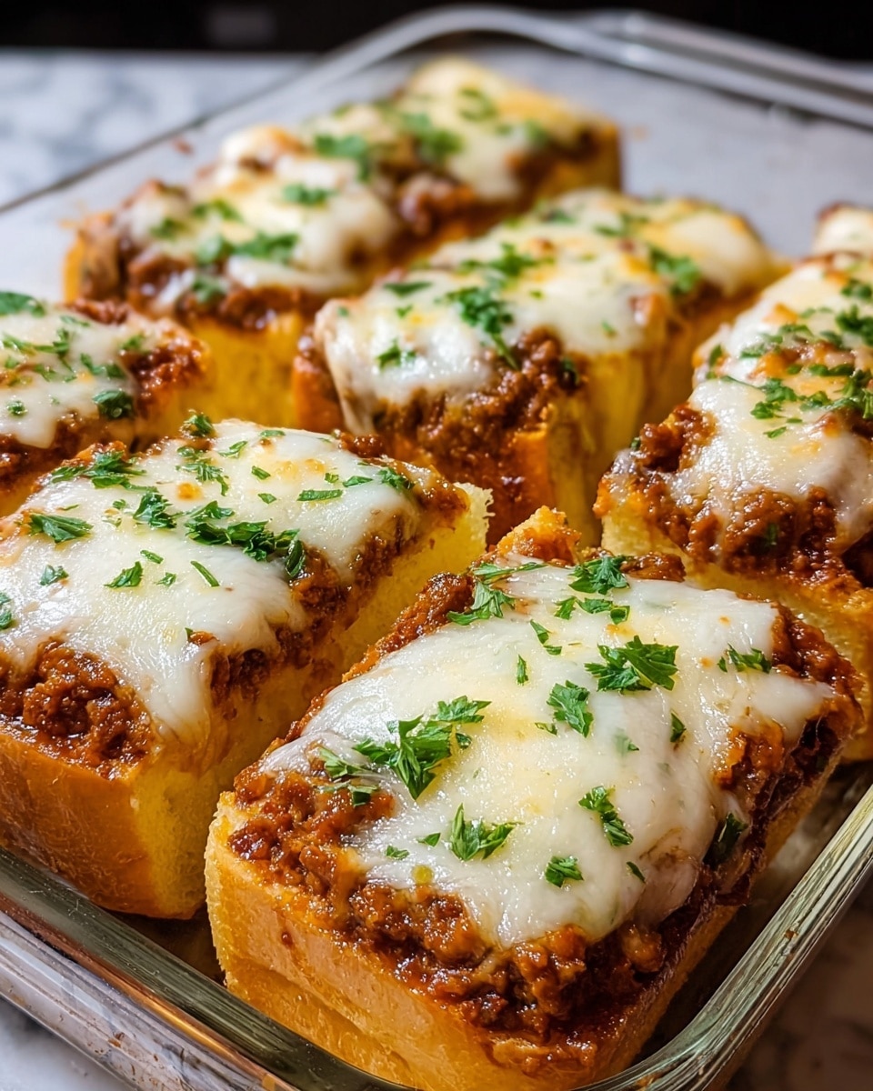 The image shows several slices of bread topped with a thick layer of cooked ground meat sauce in a dark dish. Each slice is covered with a thick layer of melted golden-white cheese that drapes over the edges of the meat. Bright green chopped parsley is sprinkled on top of the cheese, adding a fresh color contrast. The close-up view focuses on the front slice, showing the soft texture of the bread's crust and the gooey cheese. The dish sits on a white marbled texture surface. photo taken with an iphone --ar 4:5 --v 7