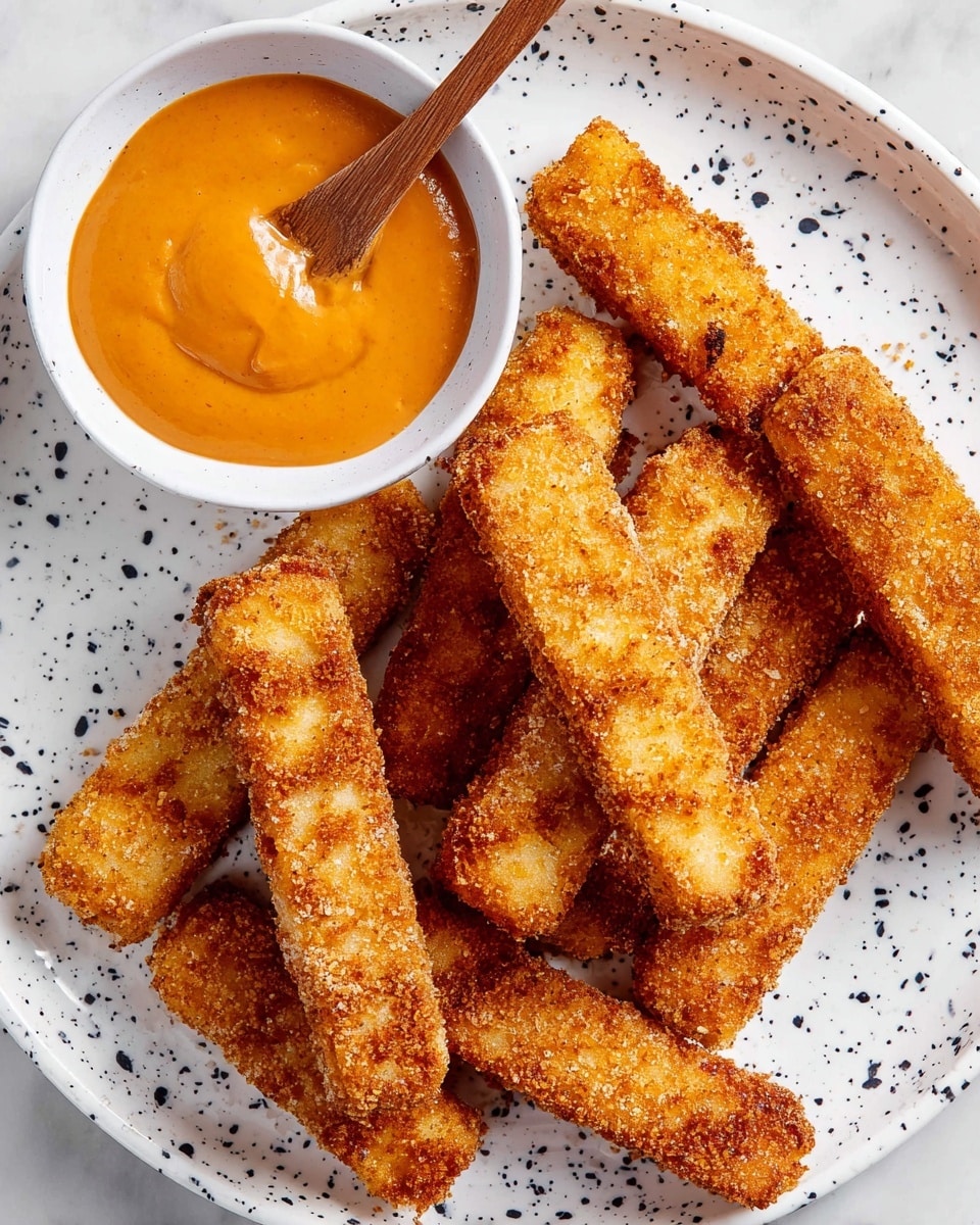A white plate with a speckled texture holds eight golden-brown, crispy sticks arranged in a scattered pile, showing a crunchy breaded coating with a textured surface. One stick is lifted by a woman's hand from the top left, dipped partially in a small white cup filled with smooth, thick, orange-brown dipping sauce placed near the center of the plate. The bitten end of the stick reveals a soft, white inside contrasting with the crunchy outside. The crumbs around the sticks add detail to the plate. The background is a white marbled surface. photo taken with an iphone --ar 4:5 --v 7