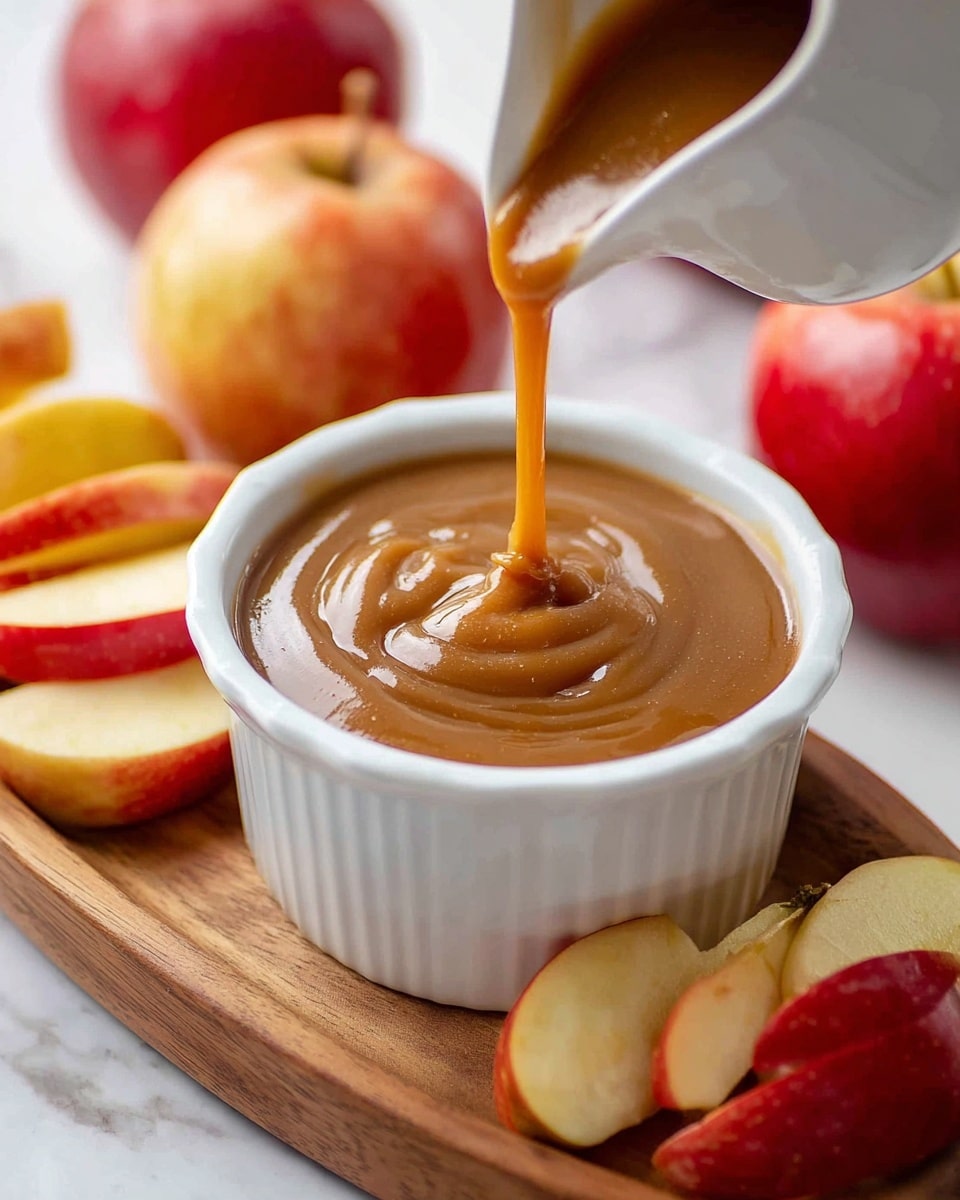A close-up view of a clear glass jar filled with smooth, shiny caramel sauce, with a small drip of caramel hanging on the outside edge of the jar’s mouth. The jar sits on a wooden board, surrounded by fresh red apples, some whole and some cut in half showing their pale inside and seeds. The background is soft and out of focus with a white marbled texture beneath the wooden board. photo taken with an iphone --ar 4:5 --v 7