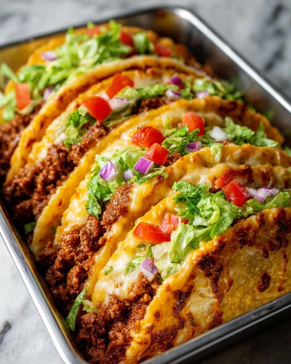 The image shows a close-up of three crispy tacos placed side by side in a silver metal tray on a wooden surface. Each taco shell is a golden-yellow color with a crunchy texture and slightly browned spots from cooking. Inside the shell, there is a layer of cooked ground beef, dark brown and crumbly, topped with melted white cheese that has a gooey texture and some browned spots. On top of the cheese and meat, there are fresh green lettuce pieces, diced red tomatoes, and small cubes of purple onion, providing a colorful contrast. The focus is on the front taco, with the other two slightly blurred in the background. The photo taken with an iphone --ar 4:5 --v 7