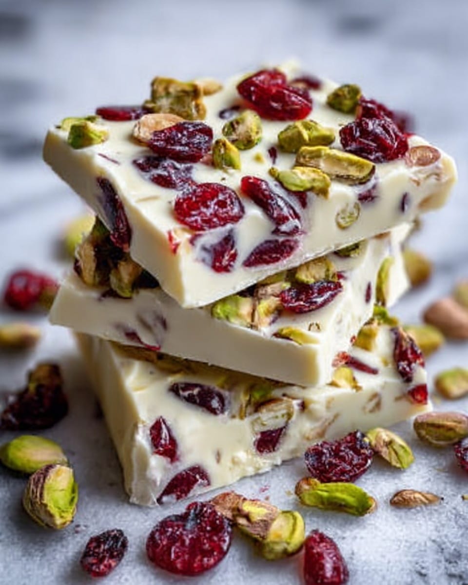 A stack of four thick white chocolate bars is shown, each bar embedded with vibrant red dried cranberries and green pistachios scattered throughout. The top bar has a smooth, creamy white surface with visible pieces of bright red cranberries and green pistachios on top, adding texture and color contrast. The bars have a slightly glossy texture and are stacked unevenly on a white marbled surface, with a few loose pistachios and cranberries around the base. photo taken with an iphone --ar 4:5 --v 7