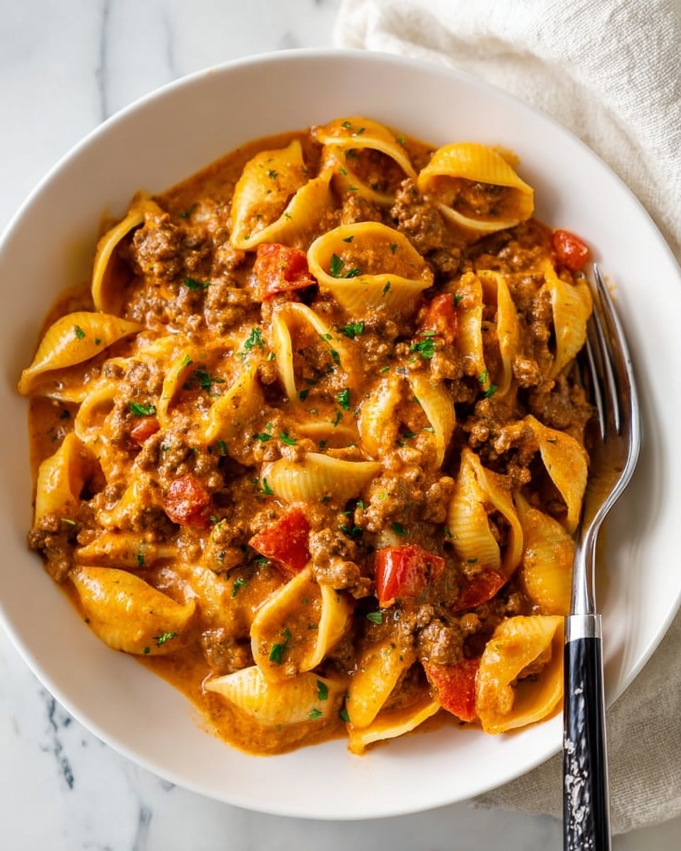 A white bowl filled with shell pasta in a creamy orange sauce, mixed with browned ground meat and pieces of chopped red tomatoes. The sauce coats the pasta and meat well, with a rich and smooth texture. Small bits of green herbs are sprinkled on top, adding color contrast. A fork with a black and silver handle rests on the edge of the bowl. The bowl is set on a white marbled surface with a soft light cloth in the background. Photo taken with an iphone --ar 4:5 --v 7