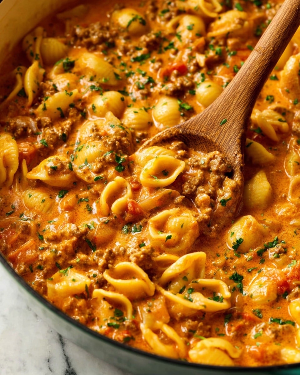 A close-up view of a rich, creamy pasta dish with three main layers: a thick orange-colored sauce filled with small chunks of browned ground meat and diced red tomatoes forming the base layer, scattered yellow shell pasta pieces coated in the sauce creating the middle layer, and a final layer of finely chopped green herbs sprinkled evenly on top, with a wooden spoon partially stirring the contents. The dish is shown in a white marbled texture background. photo taken with an iphone --ar 4:5 --v 7