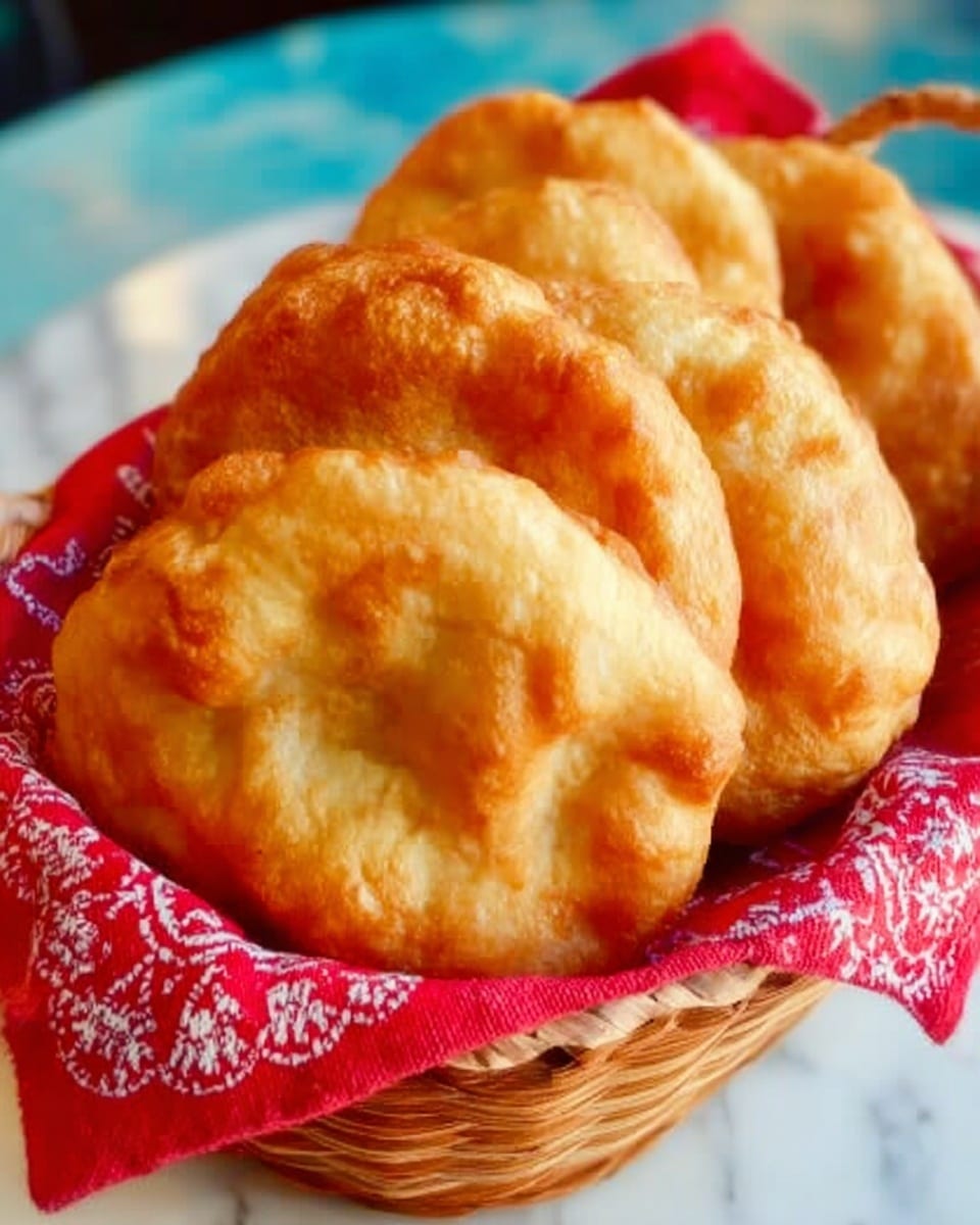 The image shows three golden-brown fried dough pieces placed inside a basket lined with a red cloth that has a white paisley pattern. Each piece has a shiny, slightly oily surface with a crispy texture, and the dough looks soft and fluffy inside. The front dough piece has a small white dollop of butter melting on top, adding a creamy contrast to the warm colors. The basket is resting on a white marbled surface. The background is softly blurred with blue and purple tones, and there is a green plant visible to the right. photo taken with an iphone --ar 4:5 --v 7