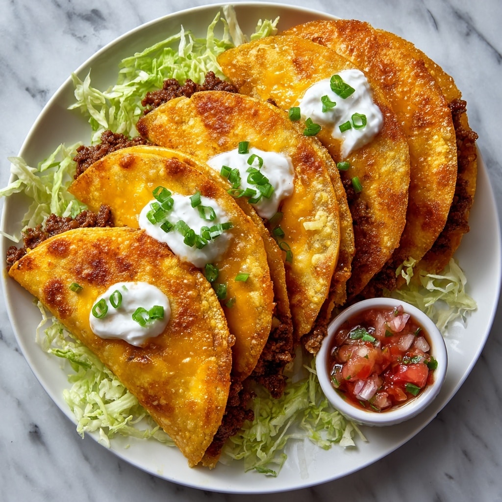 Four golden brown fried empanadas are placed on a white plate resting on shredded green lettuce. Three empanadas are topped with a dollop of white sour cream and sprinkled with finely chopped green herbs, while the front empanada reveals a filling of melted yellow cheese and browned ground beef peeking out from the crispy crust. To the right side of the plate, a small white bowl holds chunky red salsa with visible pieces of tomato, onion, and green herbs. The plate sits on a white marbled textured surface. Photo taken with an iphone --ar 4:5 --v 7