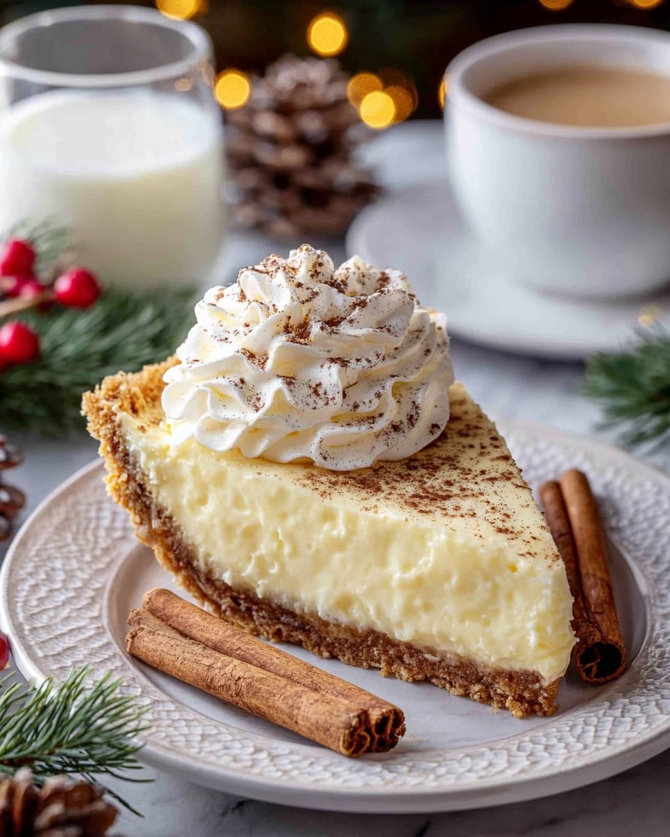 A single slice of pie on a white plate with a textured edge, showing three layers: a golden-brown crumb crust at the bottom, a thick creamy pale yellow filling in the middle, and a swirl of white whipped cream on top sprinkled lightly with cocoa powder; two cinnamon sticks rest beside the slice and the plate is on a white marbled texture. In the background, there is a white cup filled with coffee on a matching saucer, a clear glass with milk, some out-of-focus warm yellow lights, green pine needles, and a pine cone with red berries. photo taken with an iphone --ar 4:5 --v 7