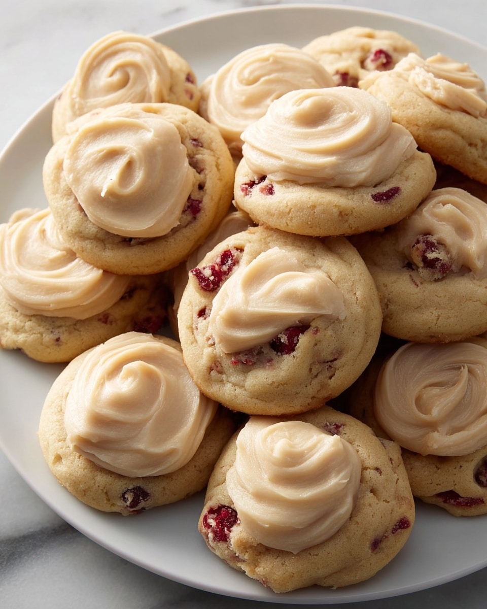 A white plate filled with multiple small round cookies, each topped with a smooth, creamy layer of light beige frosting swirled on top. The cookies have a soft golden-brown base with visible red pieces, likely berries, embedded within the dough. The frosting varies slightly in shape from smooth waves to gentle swirls, giving each cookie a unique texture. The plate sits on a white marbled surface, enhancing the warm colors of the cookies and frosting. photo taken with an iphone --ar 4:5 --v 7