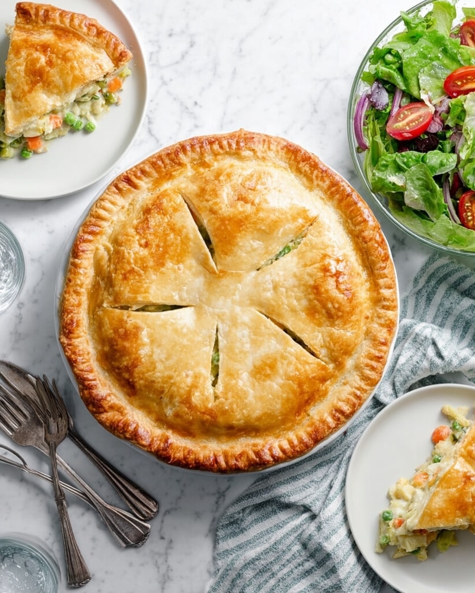 A white plate on a white marbled texture surface holds a slice of golden brown flaky pie crust filled with creamy white chicken and vegetable filling, visible with chunks of orange carrot, green peas, and white chicken pieces. Next to the pie slice is a fresh salad made of dark purple and green leafy lettuce, thin rings of red onion, and halved red cherry tomatoes. In the background, a whole pie with a similar golden crust sits on a white pie dish, slightly out of focus. Photo taken with an iphone --ar 4:5 --v 7