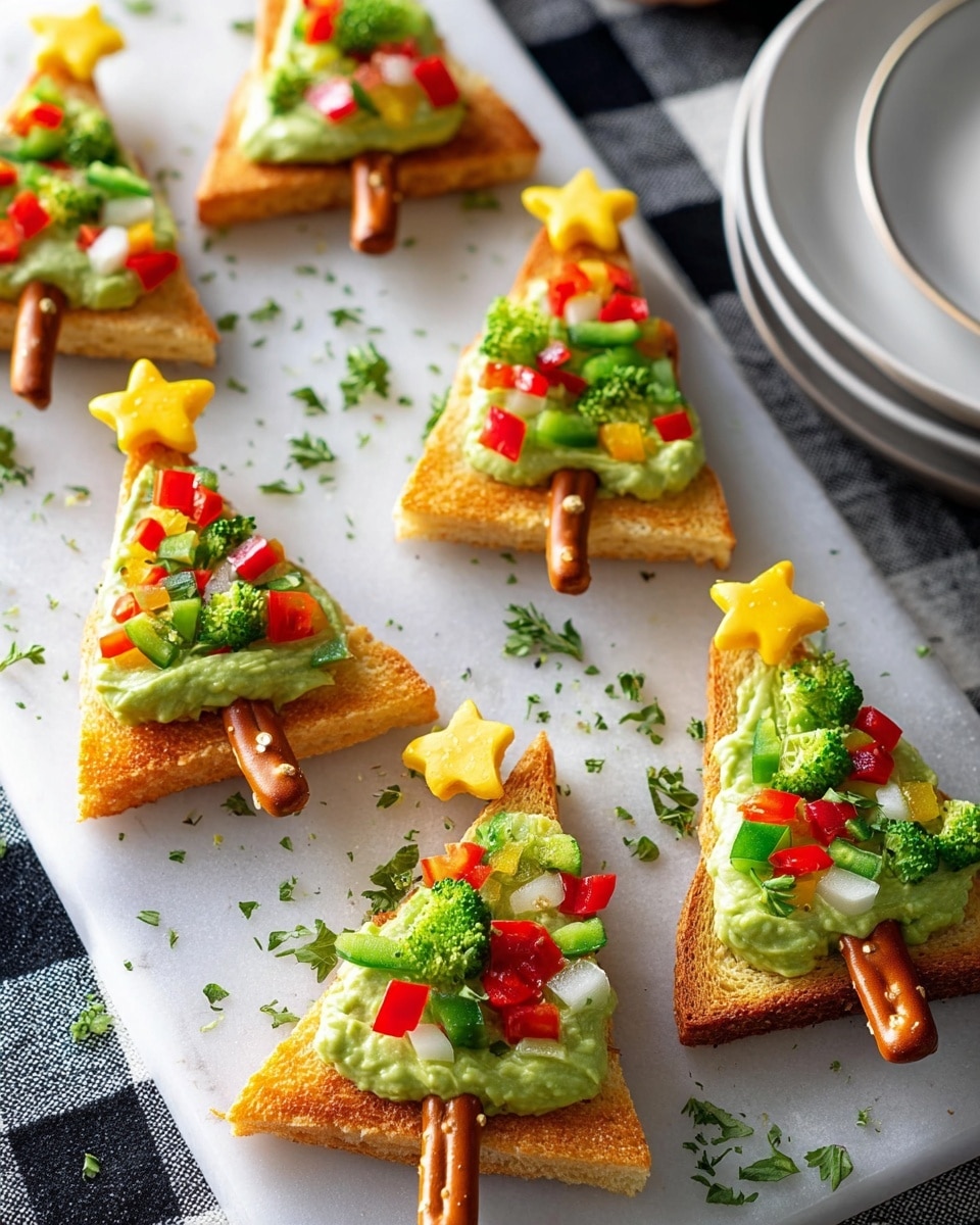 The image shows multiple triangular pieces of golden toast arranged like small Christmas trees on a white marbled board. Each toast slice has a layer of smooth light green spread topped with finely chopped green herbs and diced red and green bell peppers. Thin pretzel sticks are inserted at the base of each triangle to look like tree trunks. A bright yellow star-shaped slice sits at the top of each toast, adding a festive touch. To the side, a white plate with thin black lines has one of the decorated toast triangles displayed. The background features a black and white checkered cloth on a white marbled surface. Photo taken with an iphone --ar 4:5 --v 7