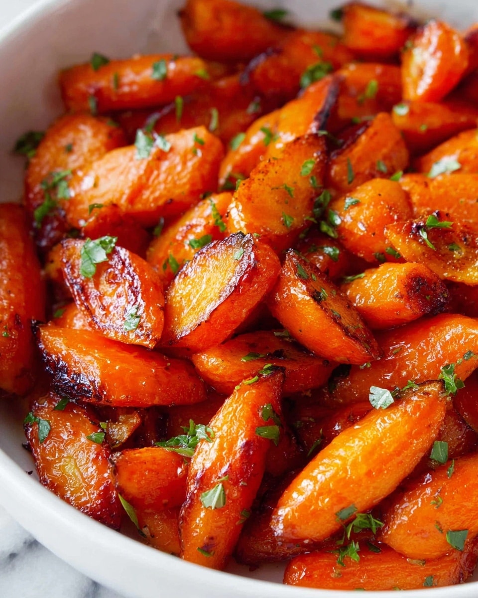 The image shows a close-up of roasted carrots layered tightly together, each carrot cut into long thick pieces with a bright orange color and a shiny, slightly caramelized glaze. The carrots have small dark, charred spots where they were roasted, and are sprinkled lightly with small green herb pieces scattered unevenly over the top. The texture looks soft and tender with a light gloss from the cooking juices. The background is a white marbled surface. photo taken with an iphone --ar 4:5 --v 7
