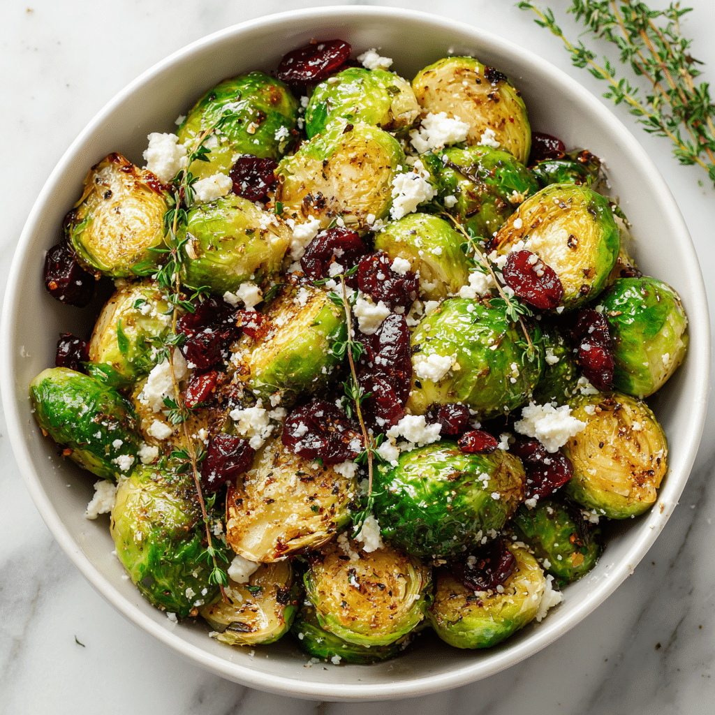A white bowl is filled with bright green Brussels sprouts, halved and roasted to a golden brown on the cut sides, creating crispy textures. Scattered among the sprouts are shiny, deep red dried cranberries, adding pops of sweet color. White crumbles of cheese are sprinkled generously on top, along with fresh green sprigs of thyme, giving a fresh herb touch. The bowl sits on a white marbled surface, and the overall dish shows a mix of warm, roasted textures with fresh and vibrant colors. Photo taken with an iphone --ar 4:5 --v 7