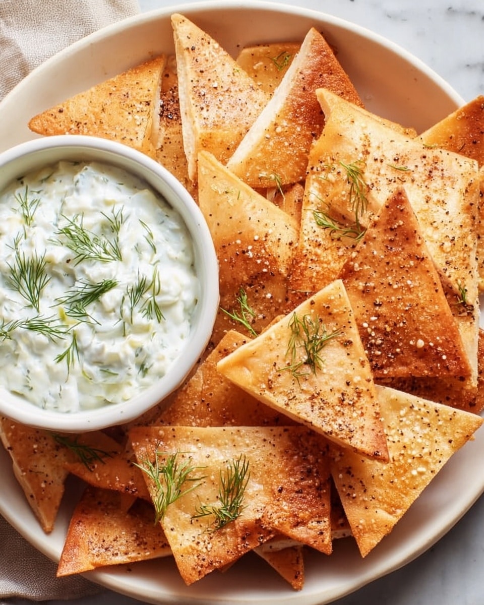 A white shallow bowl filled with golden brown triangular pita chips arranged in layers, showing a crisp and slightly rough texture with specks of salt and pepper on top. A small white bowl of creamy, thick tzatziki dip with visible cucumber pieces and garnished with fresh dill sprigs is placed inside the larger bowl, nestled among the chips on the left side. The bowl sits on a white marbled surface next to a crumpled white and blue striped cloth. photo taken with an iphone --ar 4:5 --v 7