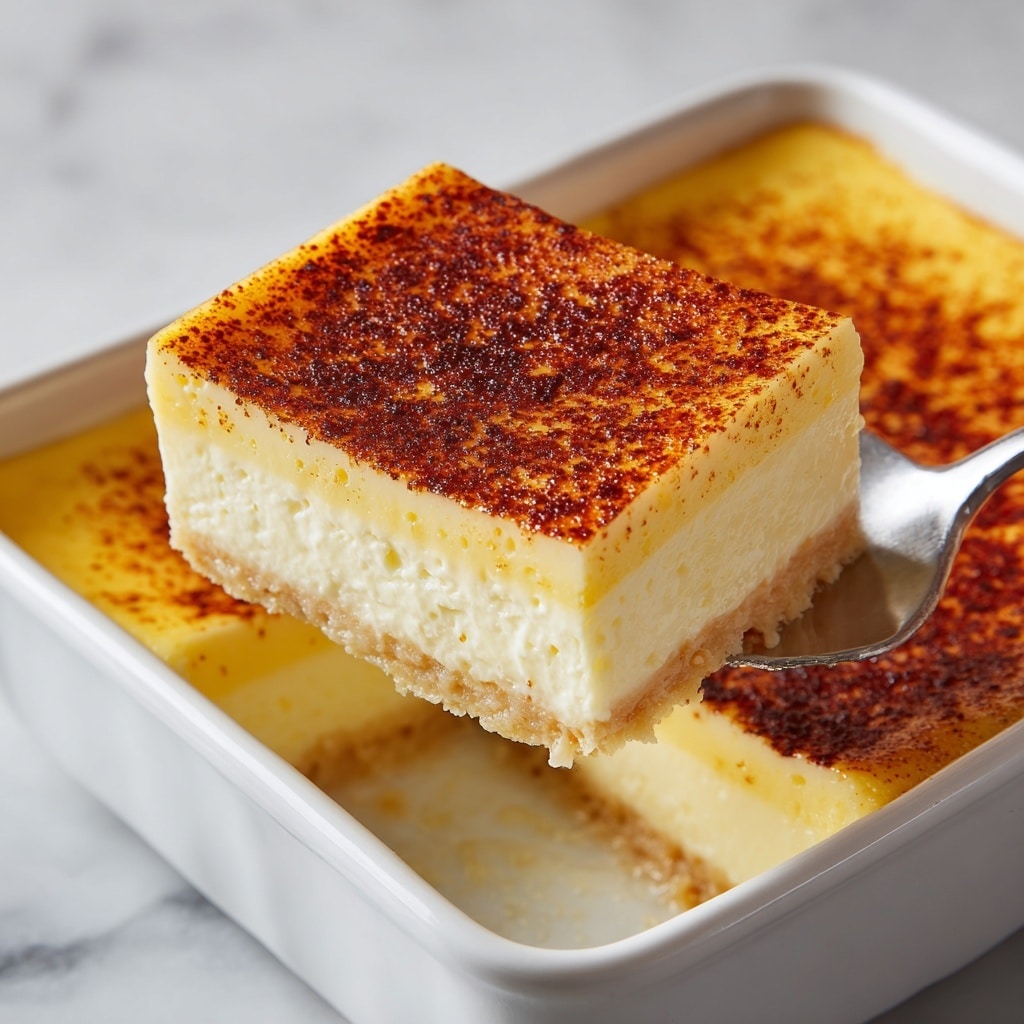 A thick square slice of creamy egg custard is shown in close-up, with three visible layers: a thin, slightly firmer white layer at the bottom, a large pale yellow smooth middle layer, and a thin top layer coated with a golden brown caramelized surface sprinkled lightly with small dark brown spots. The custard slice is held up clearly on a shiny metal spatula against a white marbled background; below it lies the rest of the custard with the same smooth and creamy texture and caramelized top layer. The image gives a rich feeling of softness and slight firmness in the custard texture. Photo taken with an iphone --ar 4:5 --v 7