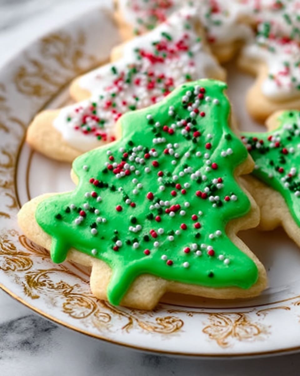The image shows a close-up of a Christmas tree-shaped cookie with bright green icing covering the entire top surface. The cookie is decorated with small red, white, and dark green round sprinkles scattered evenly over the icing. The cookie has a light golden-brown color visible at the edges, and it rests on a white plate with a gold snowflake pattern around the rim. Behind it, there are partially visible sugar cookies with white icing and red and green sprinkles. The plate is placed on a white marbled textured surface. Photo taken with an iphone --ar 4:5 --v 7